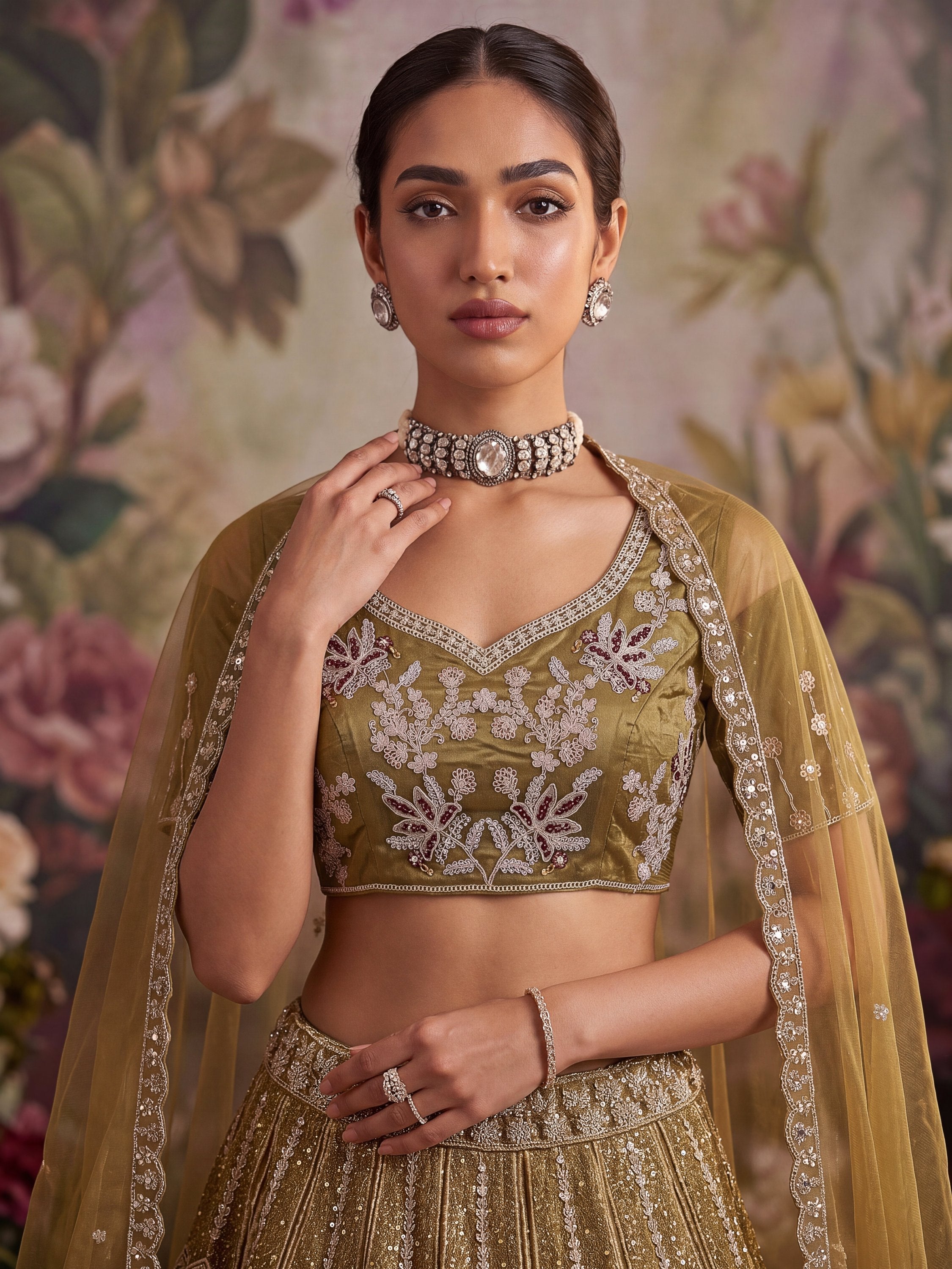 Dazzling Golden Multi Thread Work Net Reception Wear Lehenga Choli