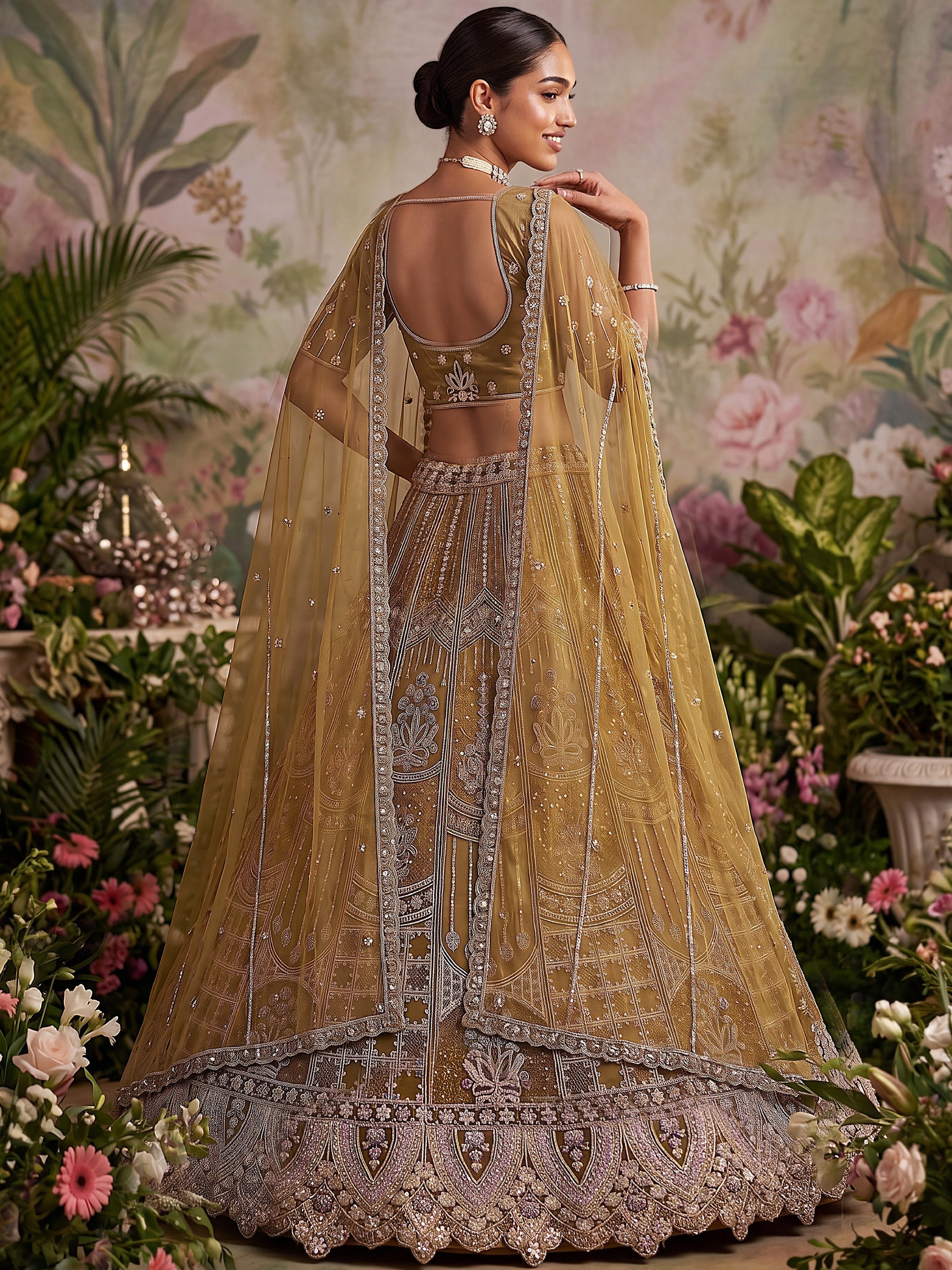 Dazzling Golden Multi Thread Work Net Reception Wear Lehenga Choli