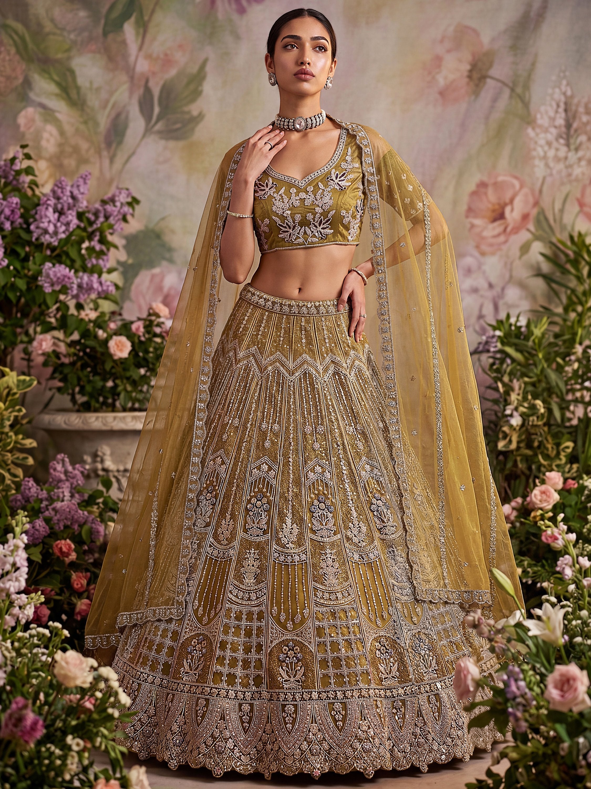 Dazzling Golden Multi Thread Work Net Reception Wear Lehenga Choli
