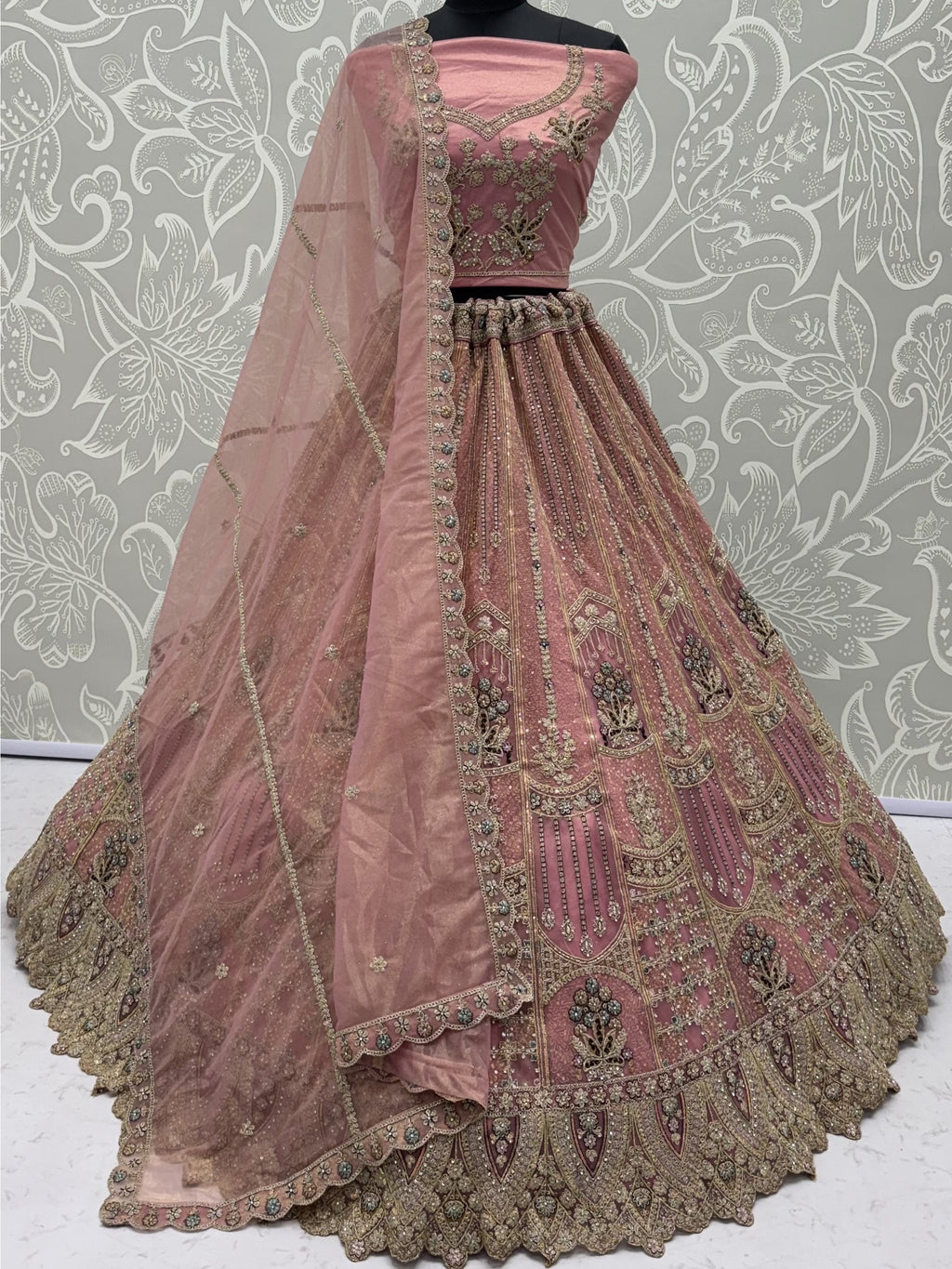 Pink Golden Multi Thread Work Net Reception Wear Lehenga Choli