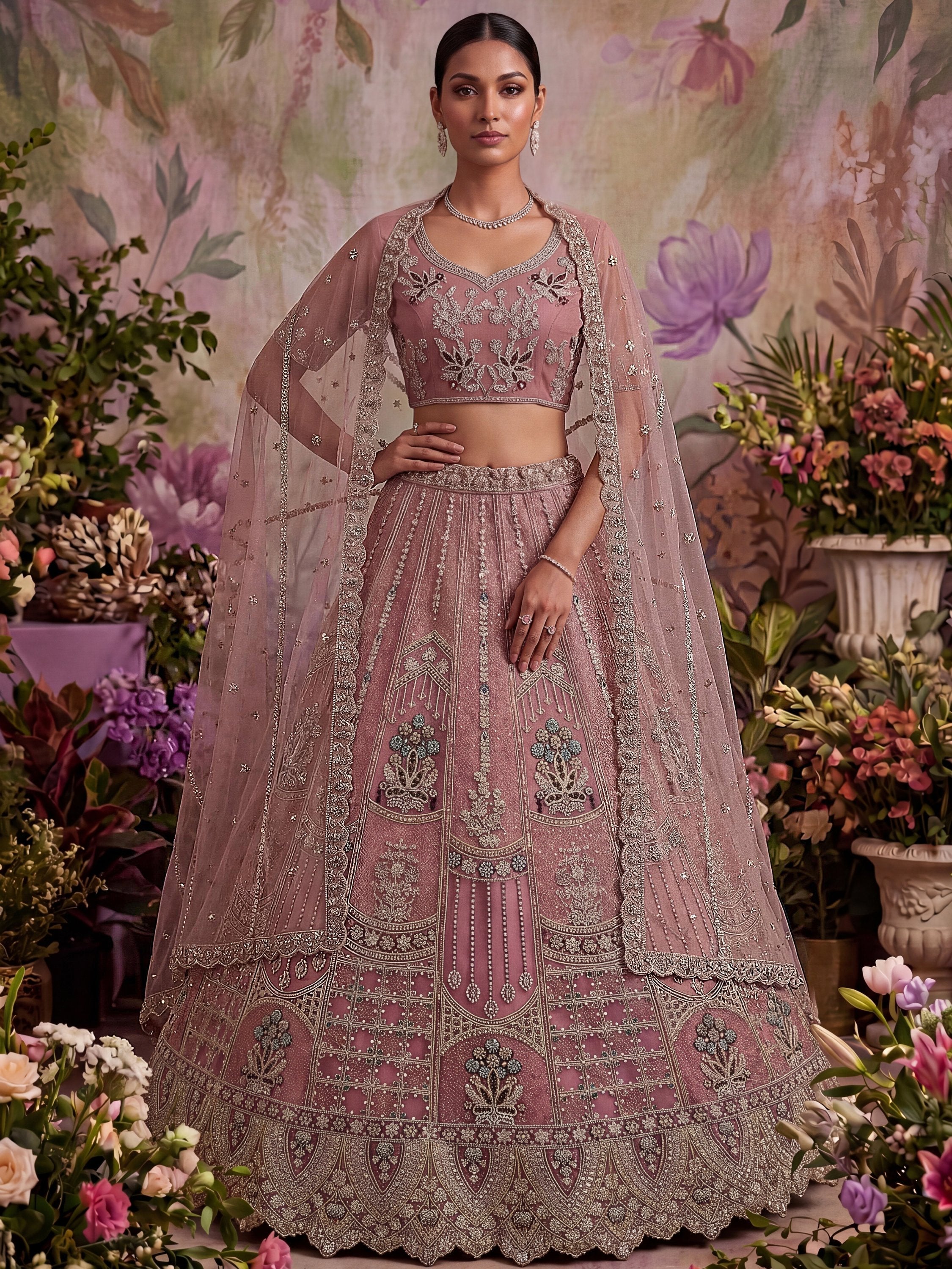 Pink Golden Multi Thread Work Net Reception Wear Lehenga Choli