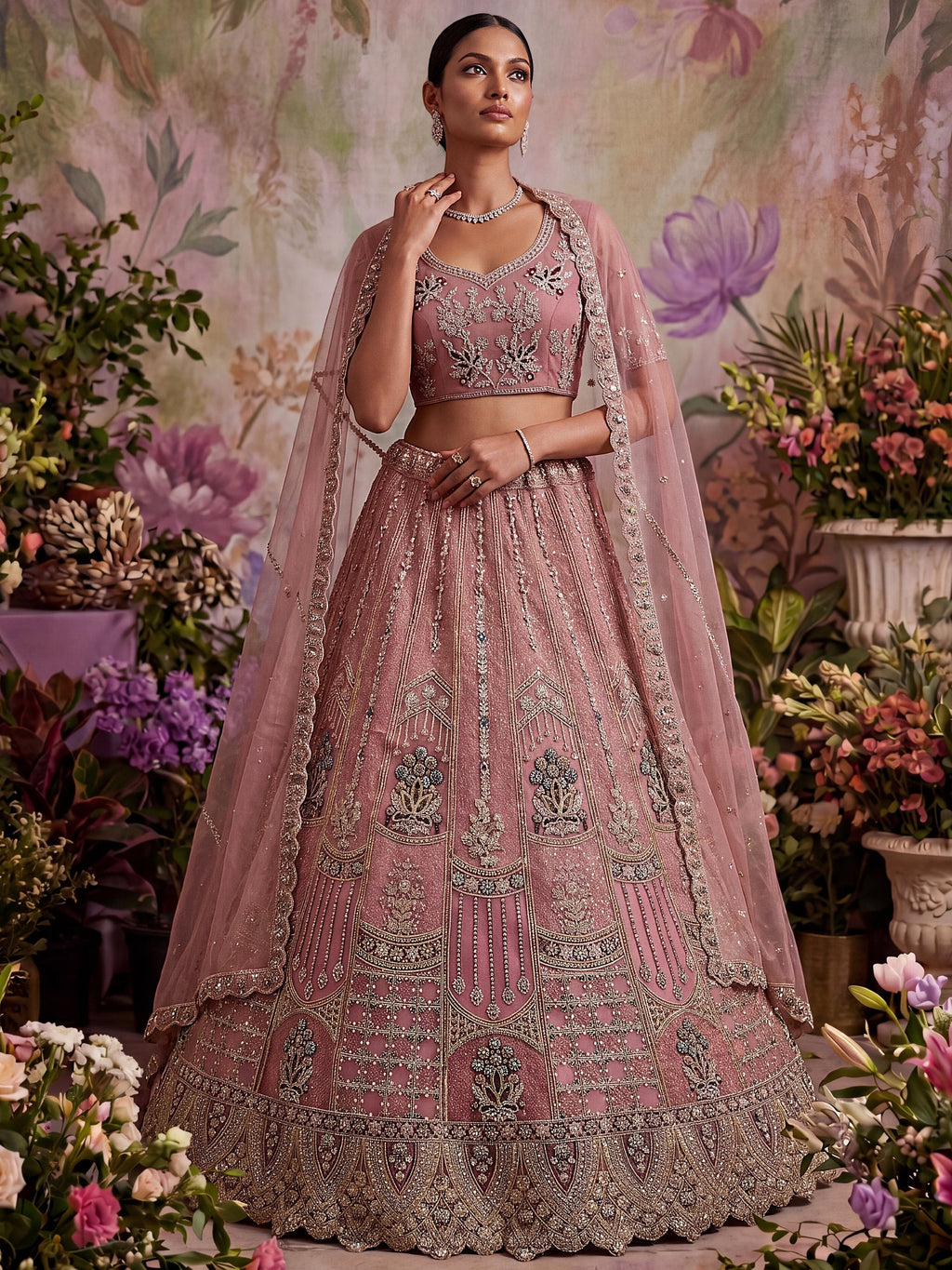 Pink Golden Multi Thread Work Net Reception Wear Lehenga Choli
