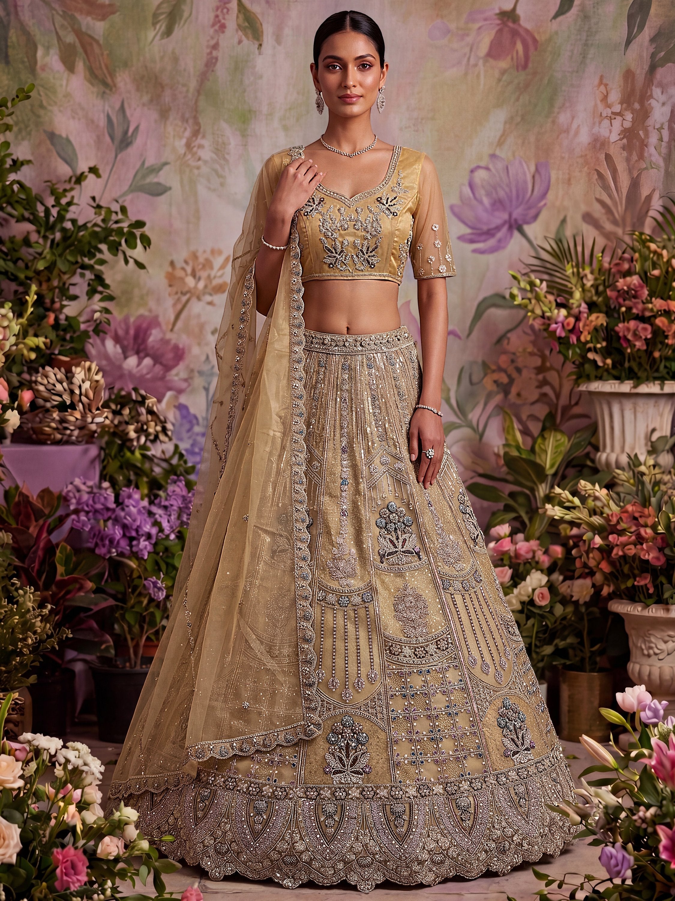 Royal Golden Multi Thread Work Net Reception Wear Lehenga Choli