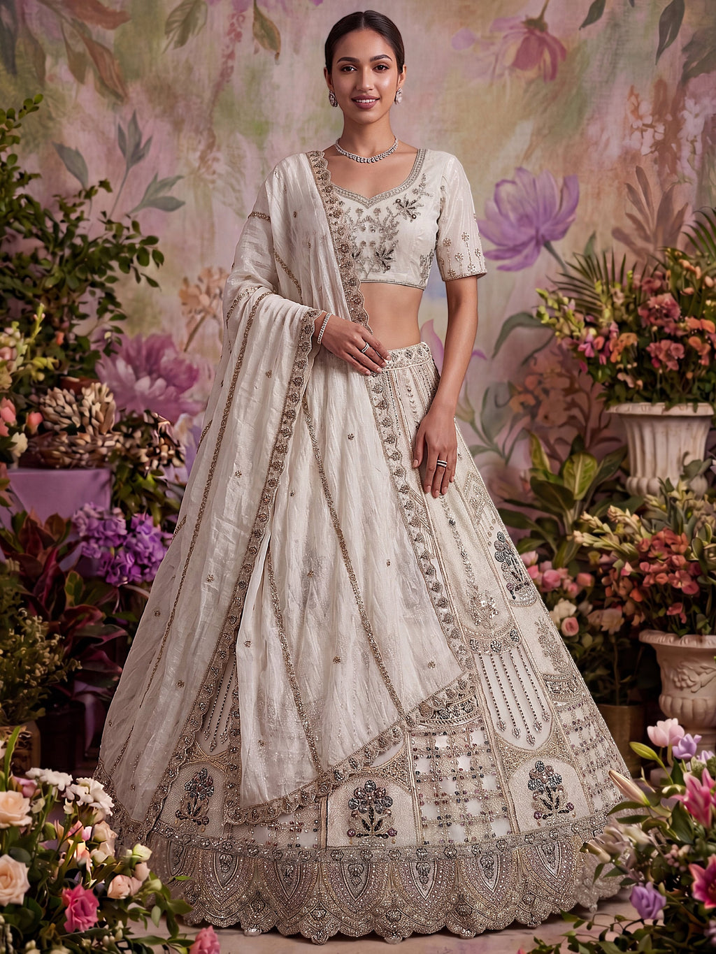 White Golden Multi Thread Work Net Reception Wear Lehenga Choli