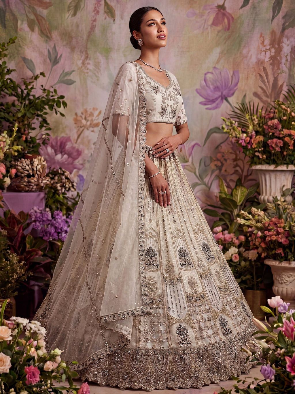 White Golden Multi Thread Work Net Reception Wear Lehenga Choli