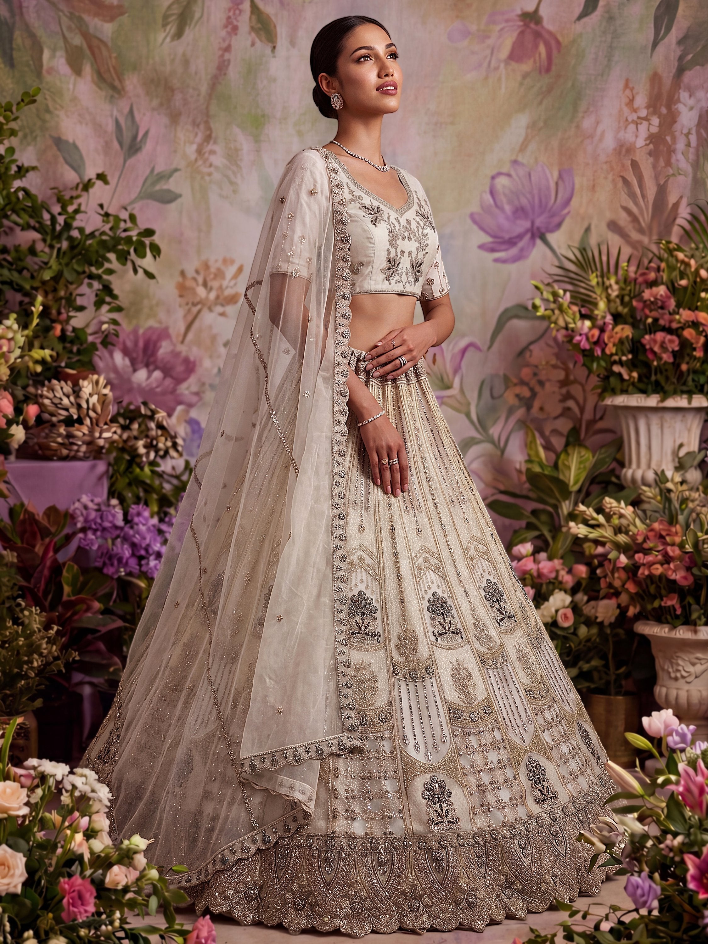 White Golden Multi Thread Work Net Reception Wear Lehenga Choli