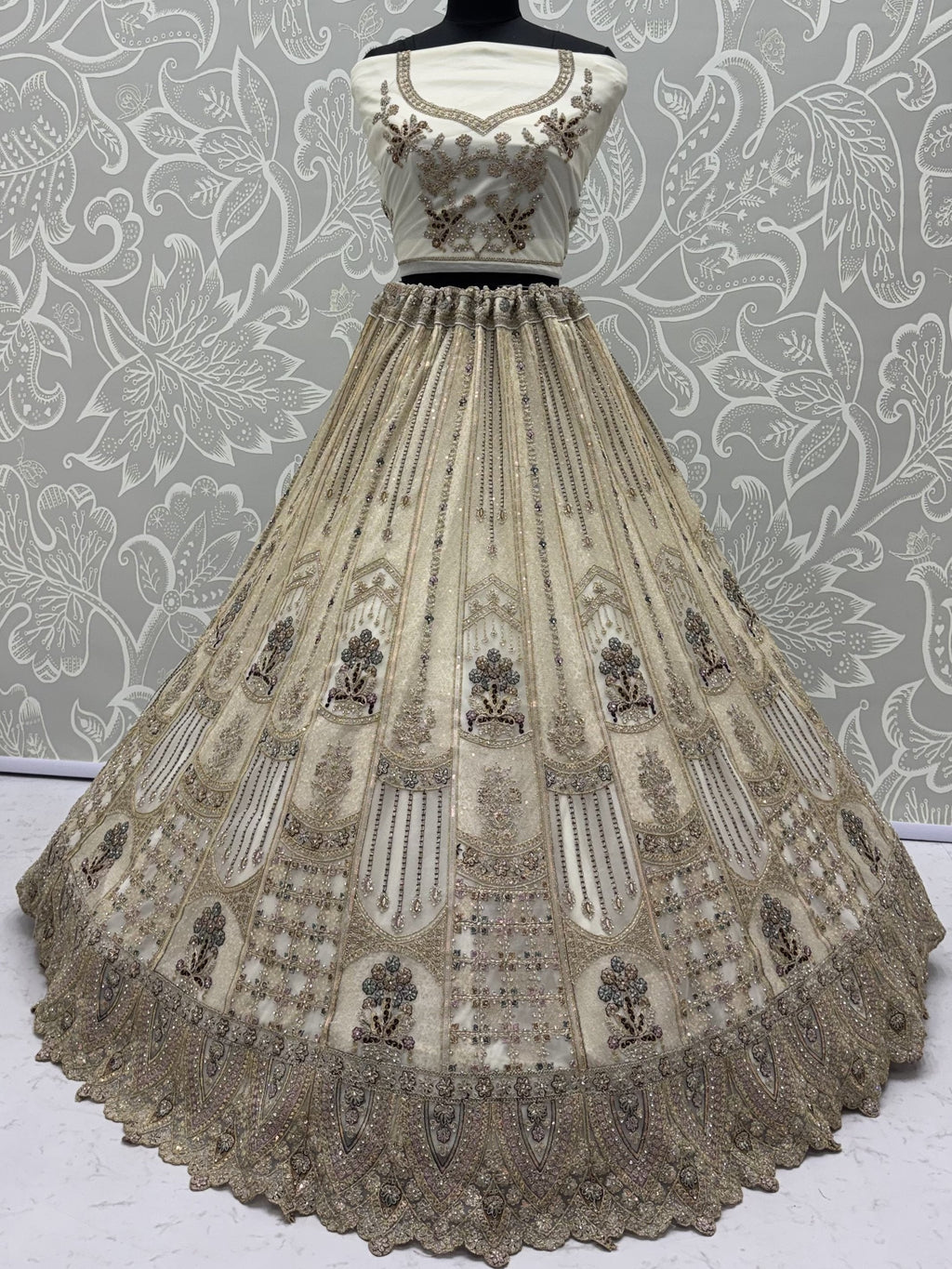 White Golden Multi Thread Work Net Reception Wear Lehenga Choli