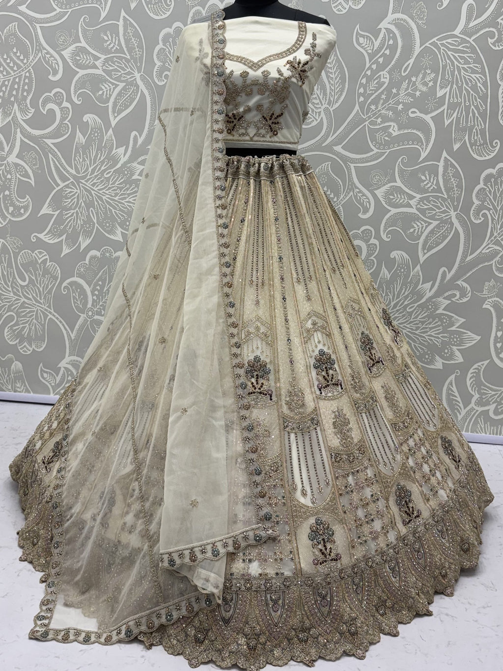 White Golden Multi Thread Work Net Reception Wear Lehenga Choli