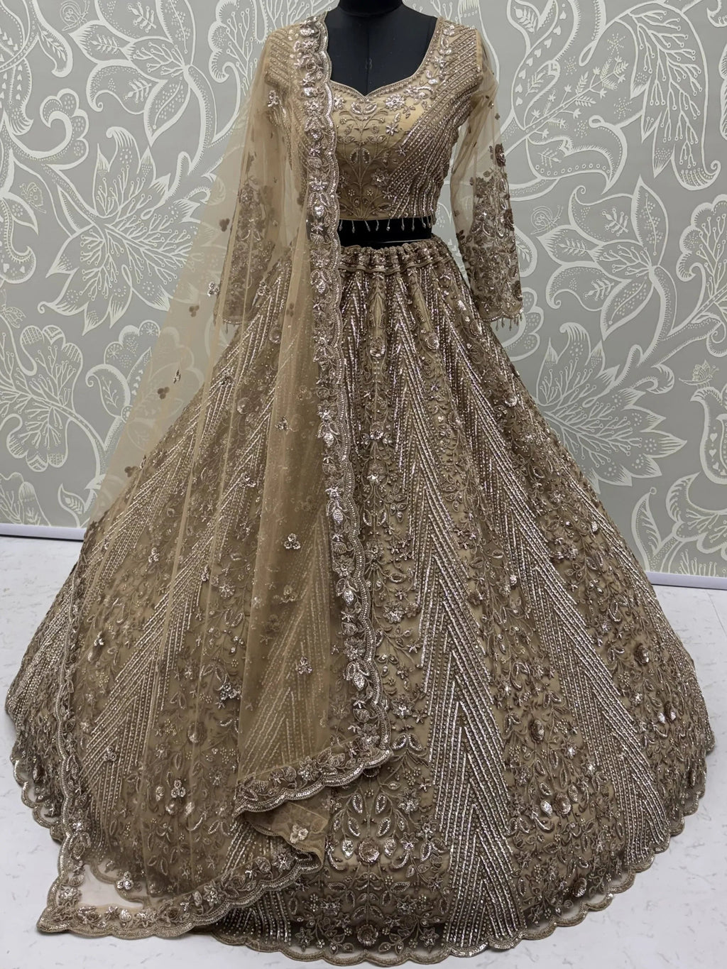 Gorgeous Beige Sequins Net Engagement Wear Lehenga Choli With Dupatta