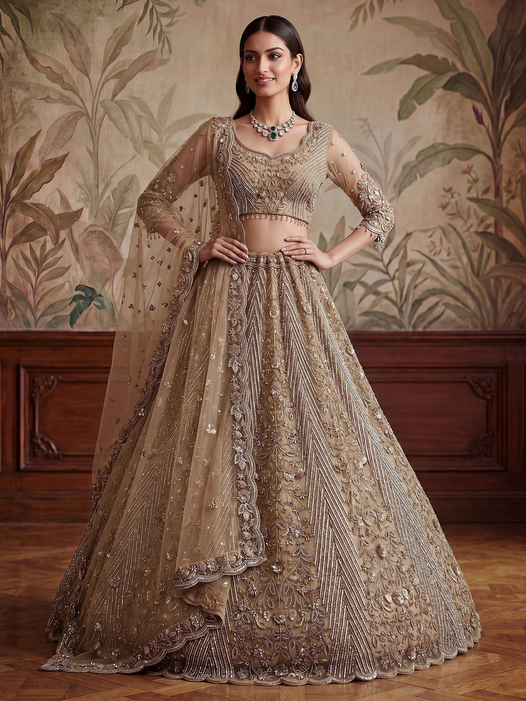 Gorgeous Beige Sequins Net Engagement Wear Lehenga Choli With Dupatta
