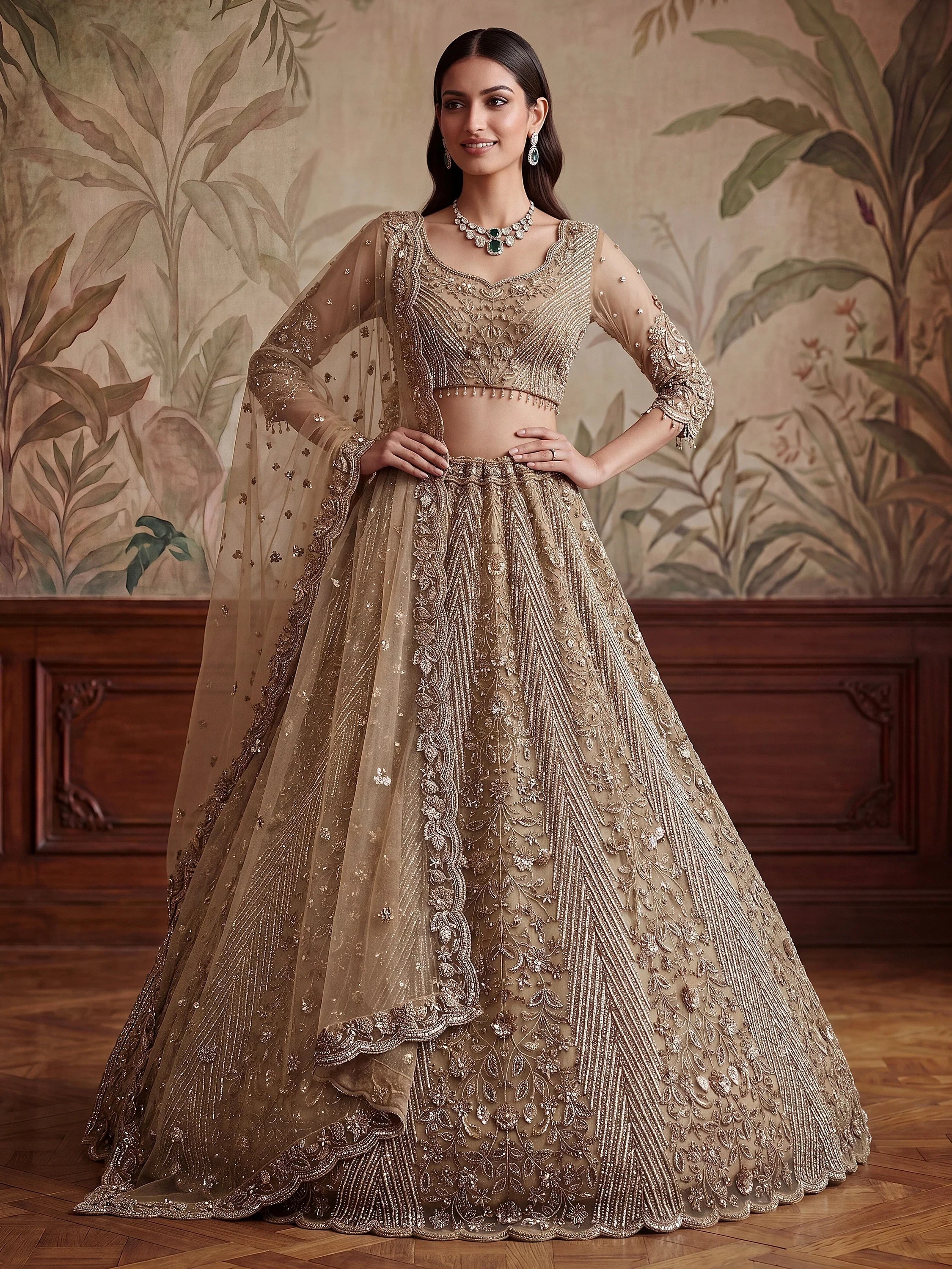 Gorgeous Beige Sequins Net Engagement Wear Lehenga Choli With Dupatta
