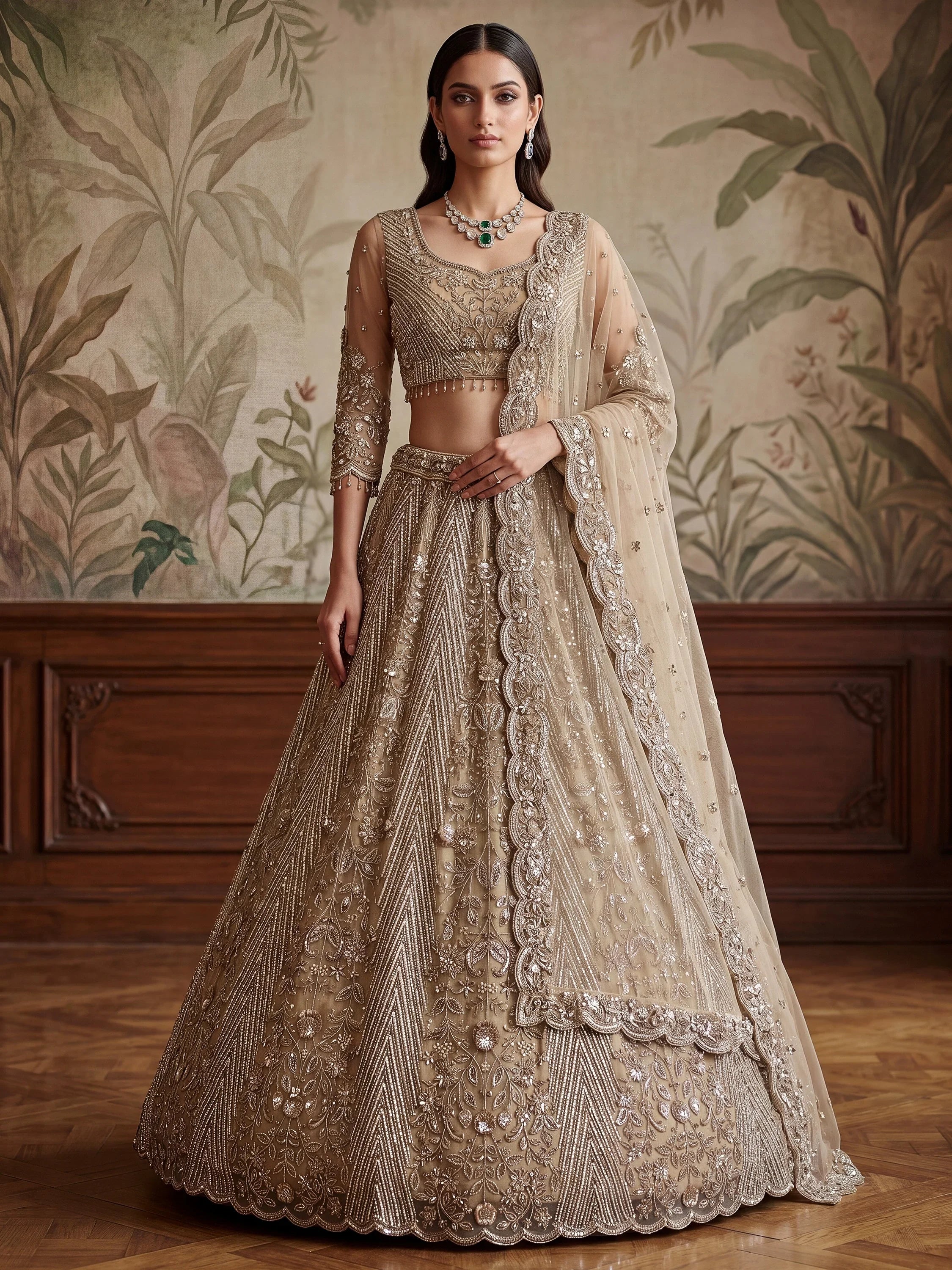 Gorgeous Beige Sequins Net Engagement Wear Lehenga Choli With Dupatta