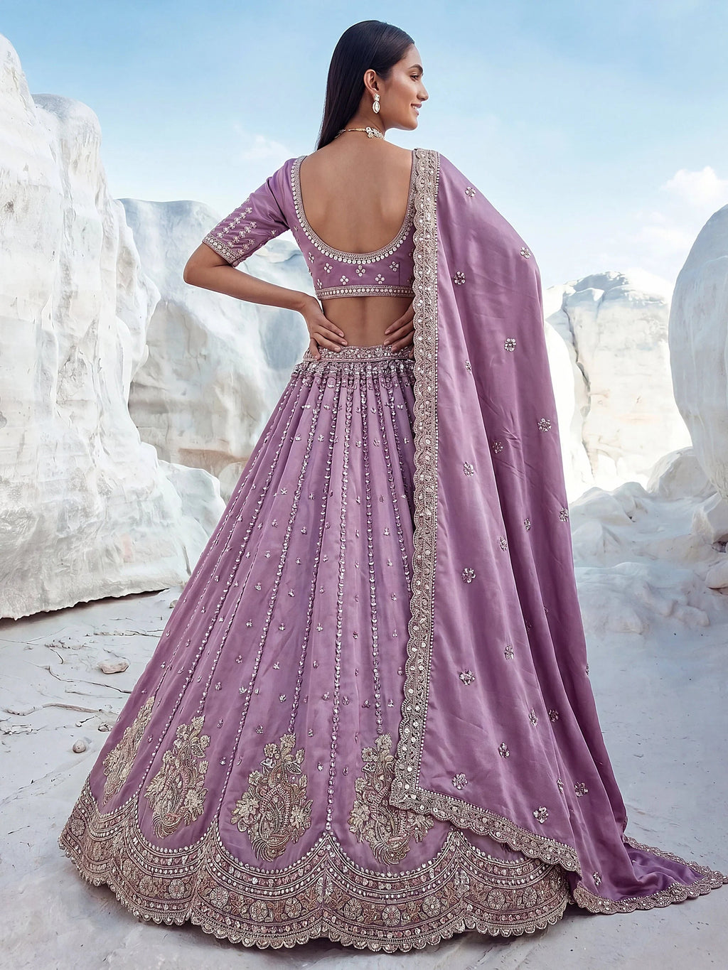Lavender Fantastic Sequins Silk Reception Wear Lehenga Choli