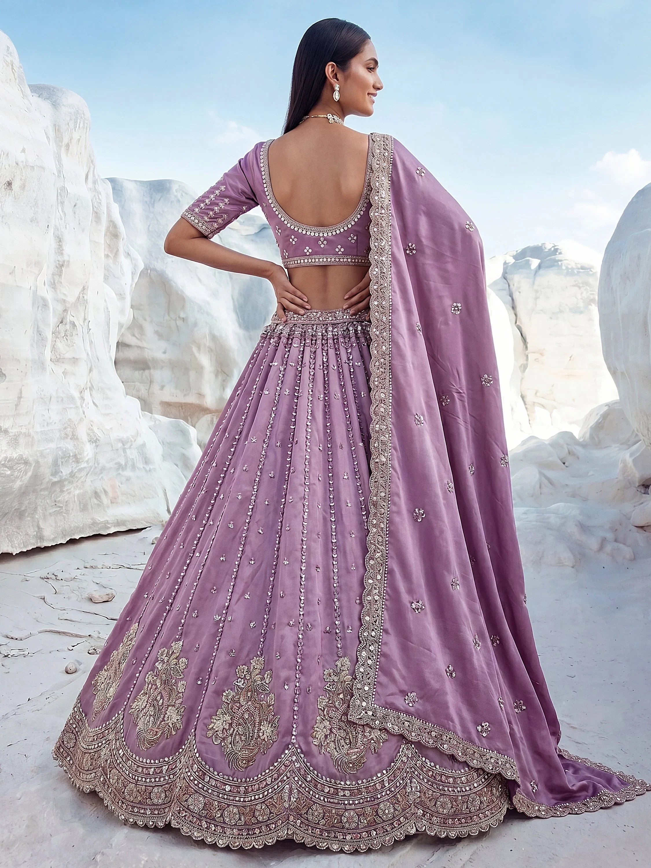 Lavender Fantastic Sequins Silk Reception Wear Lehenga Choli