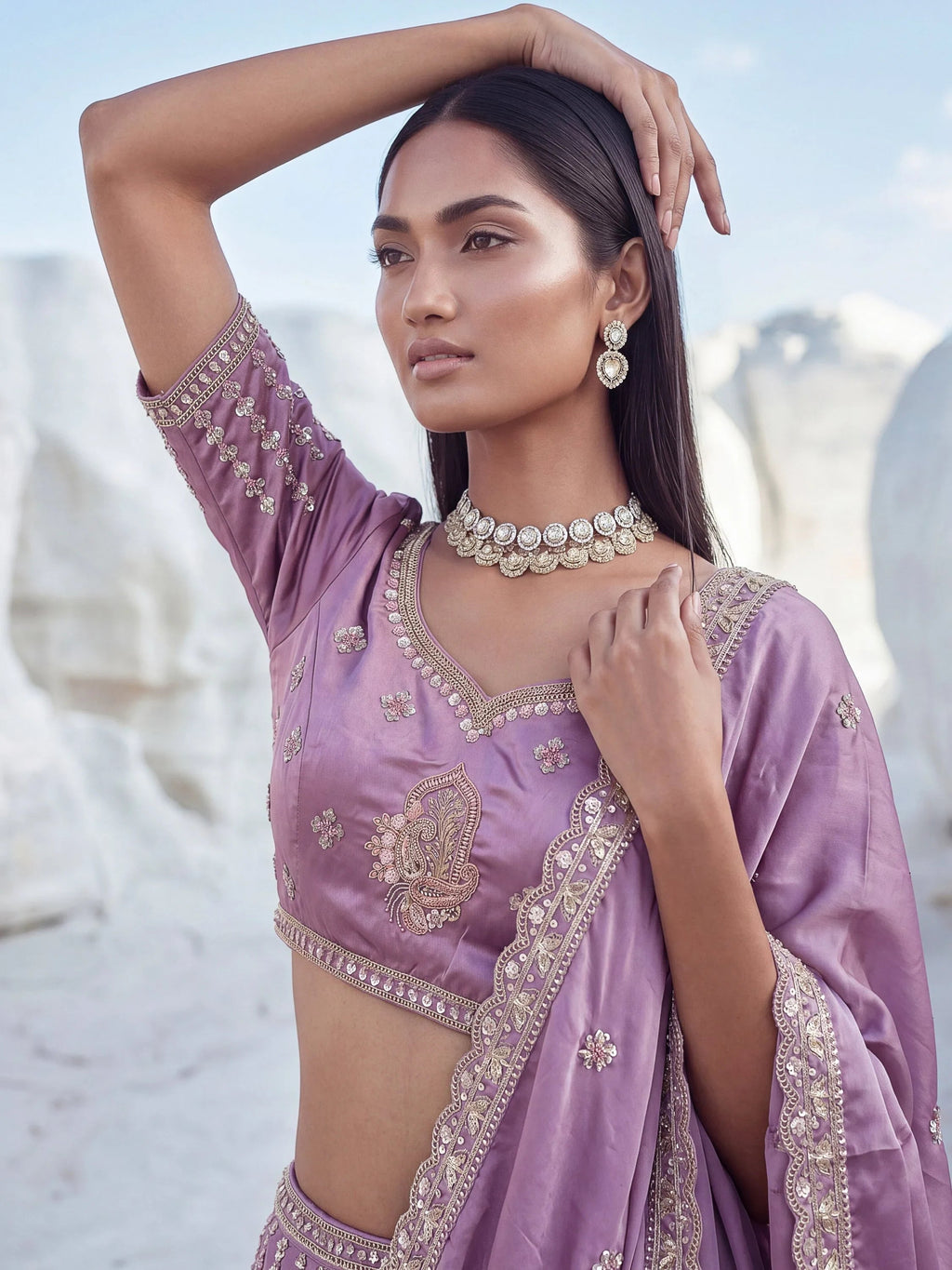 Lavender Fantastic Sequins Silk Reception Wear Lehenga Choli