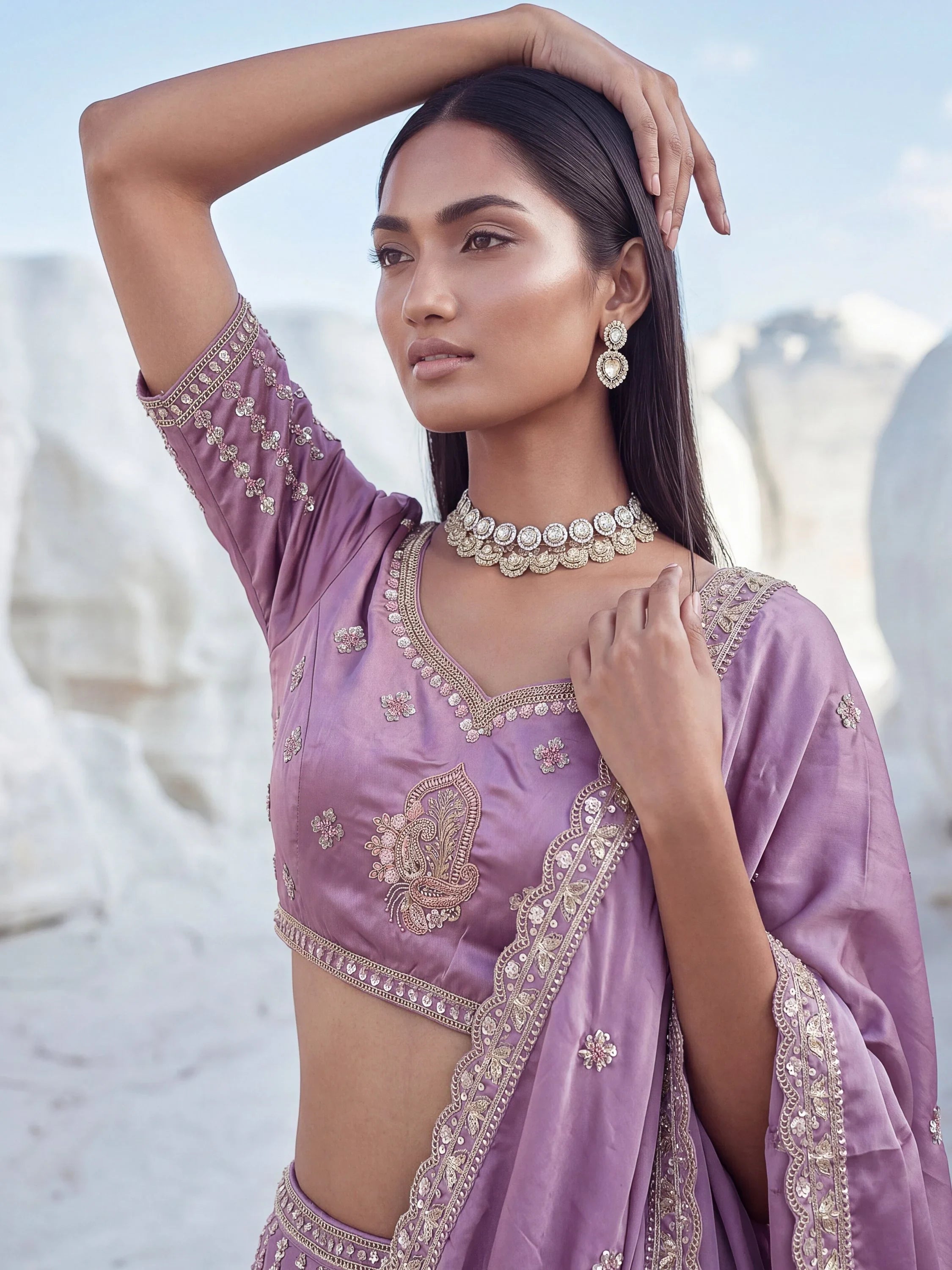 Lavender Fantastic Sequins Silk Reception Wear Lehenga Choli