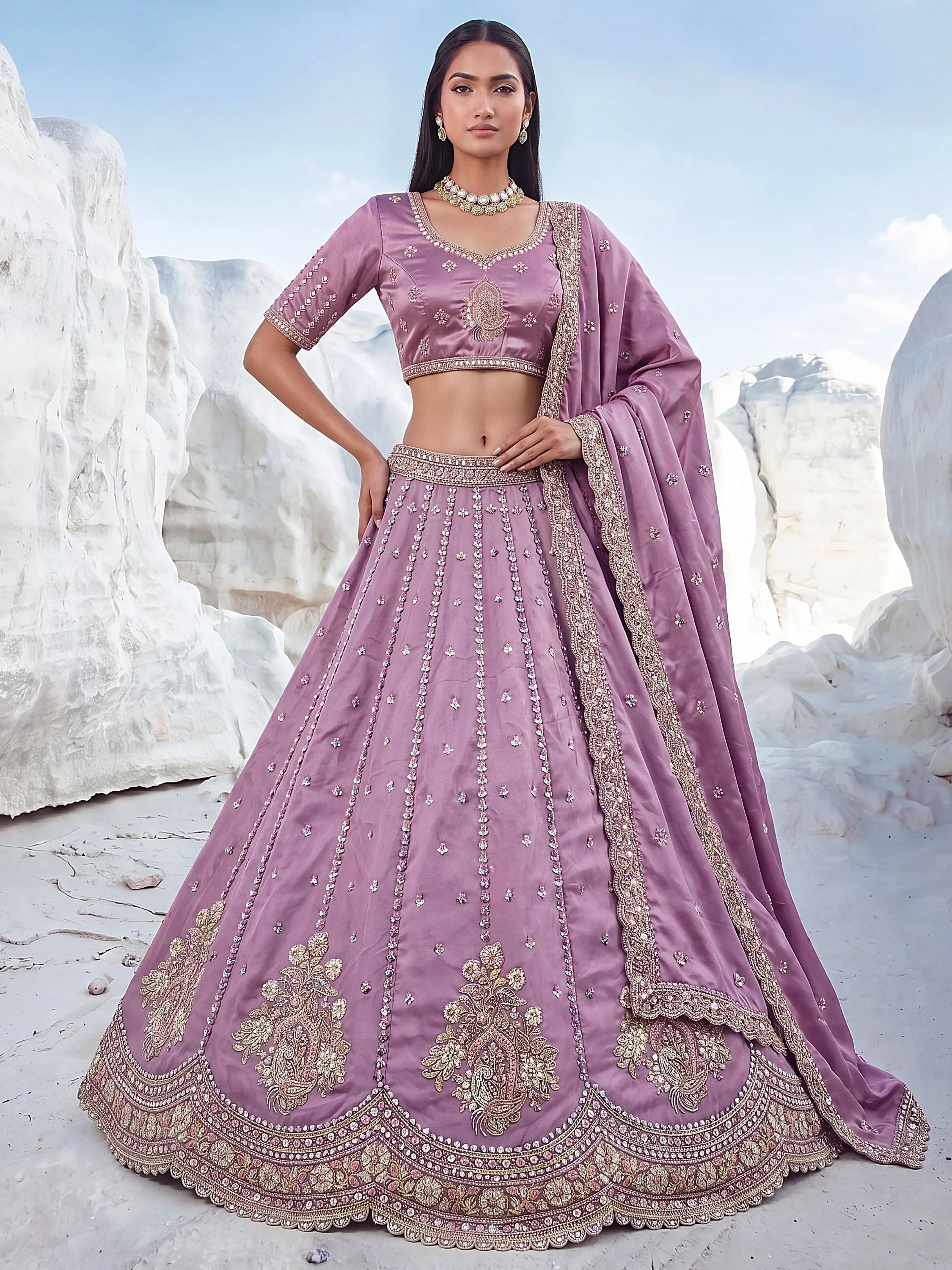 Lavender Fantastic Sequins Silk Reception Wear Lehenga Choli