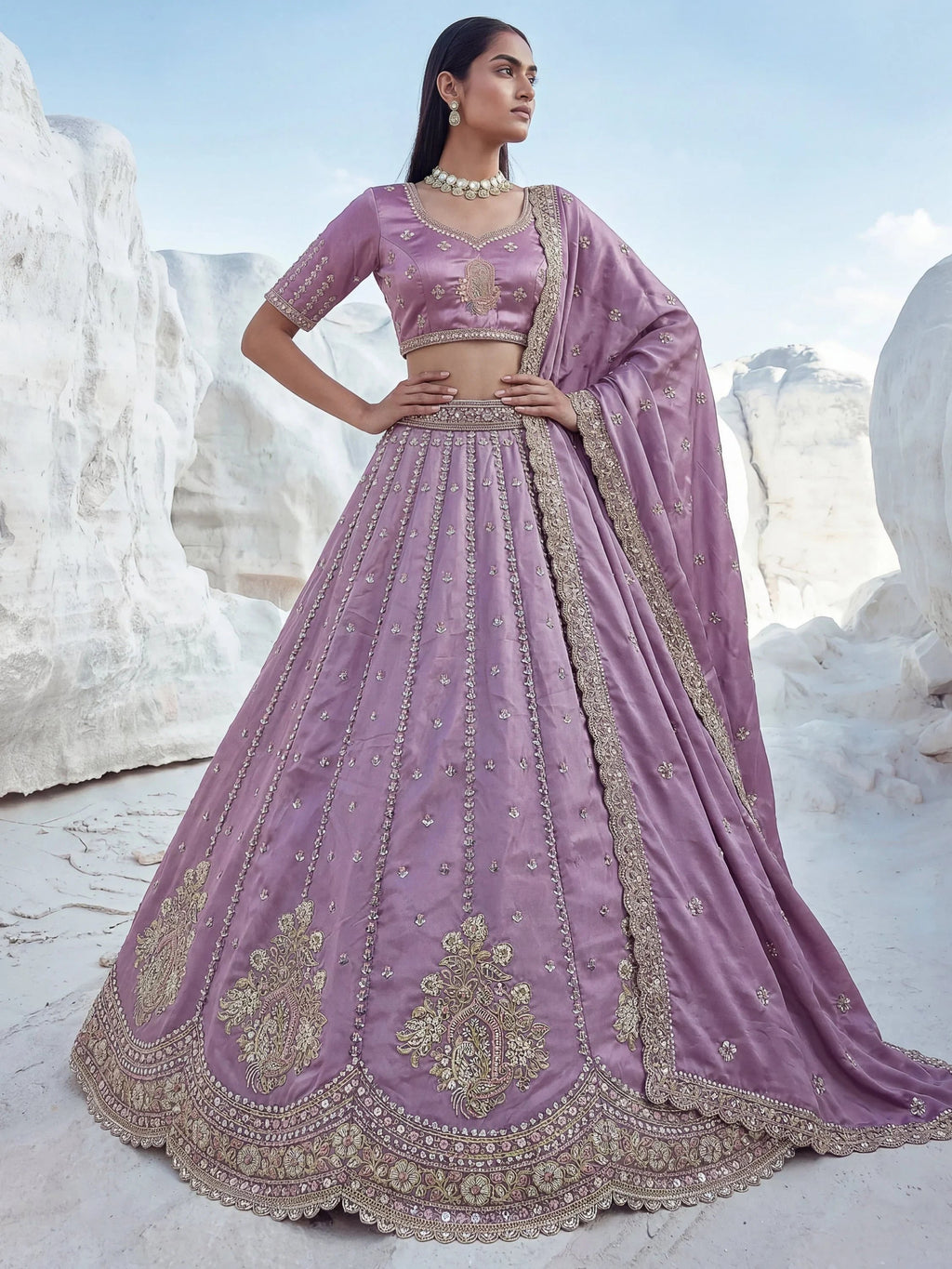 Lavender Fantastic Sequins Silk Reception Wear Lehenga Choli