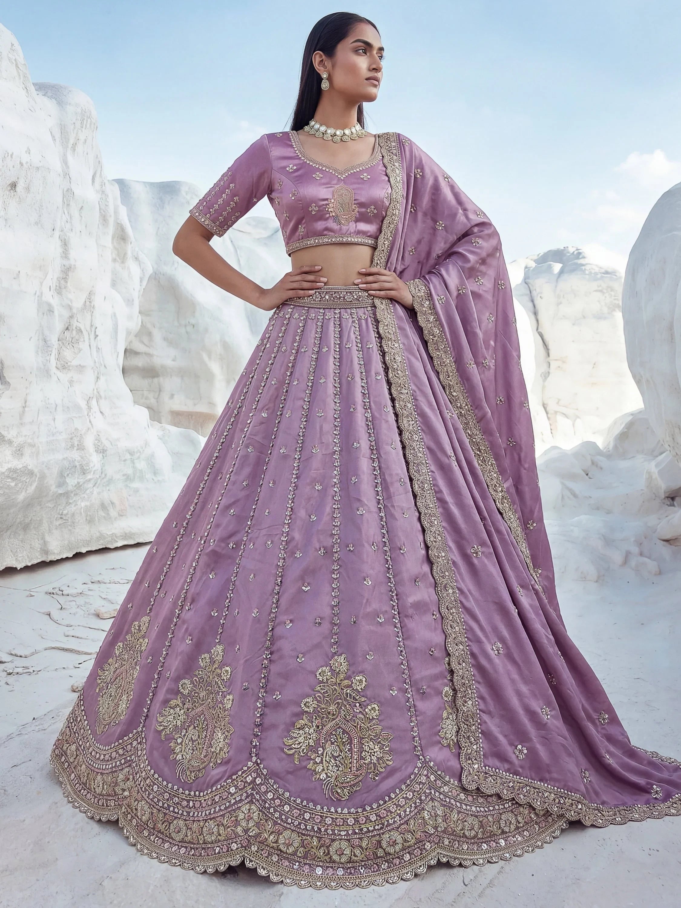 Lavender Fantastic Sequins Silk Reception Wear Lehenga Choli