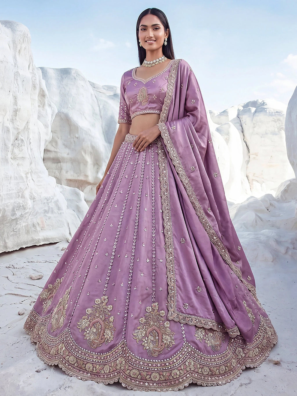 Lavender Fantastic Sequins Silk Reception Wear Lehenga Choli