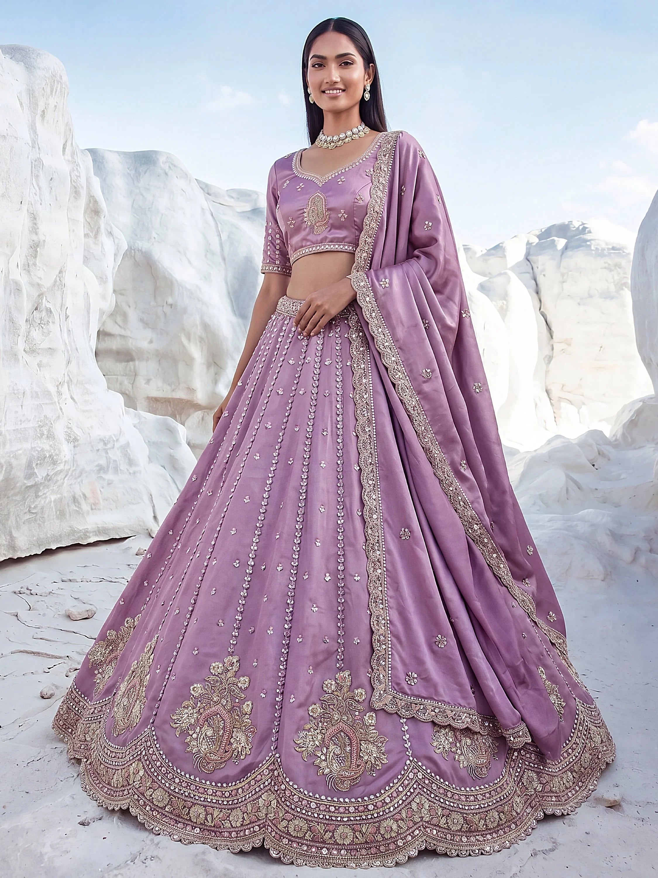 Lavender Fantastic Sequins Silk Reception Wear Lehenga Choli