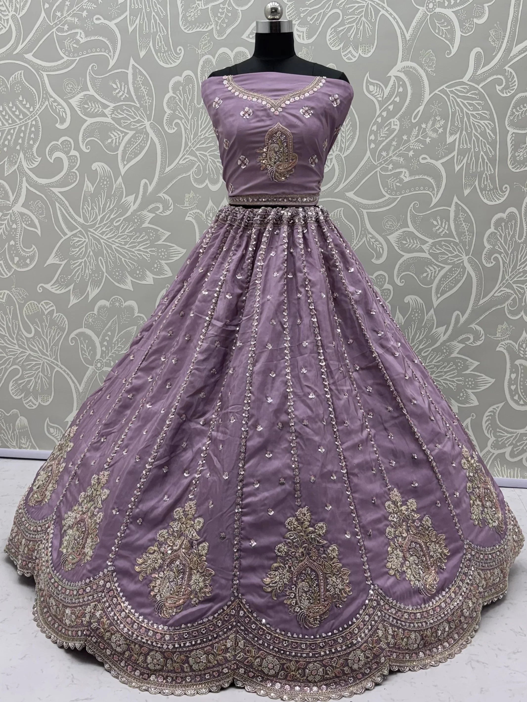 Lavender Fantastic Sequins Silk Reception Wear Lehenga Choli