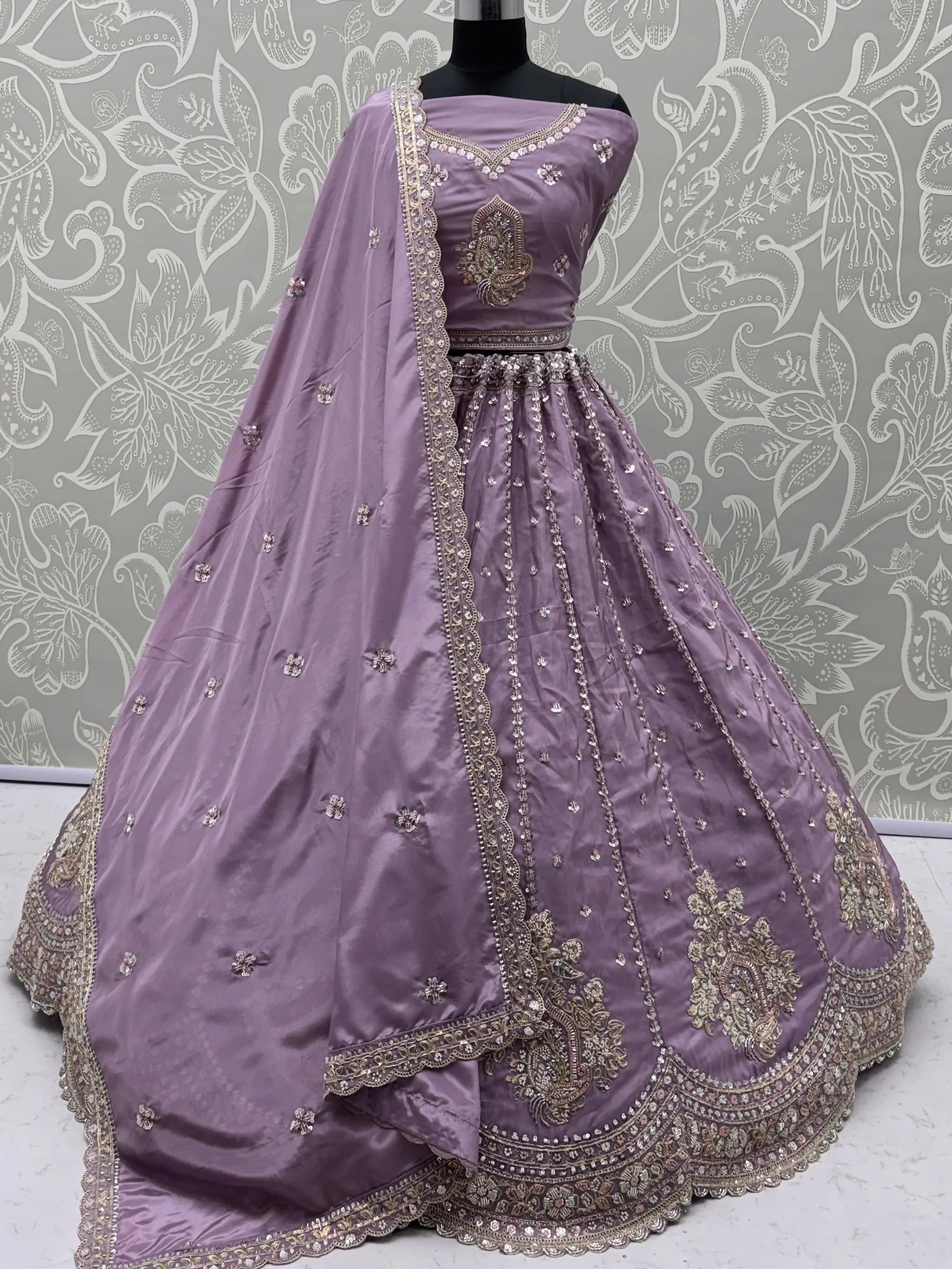Lavender Fantastic Sequins Silk Reception Wear Lehenga Choli