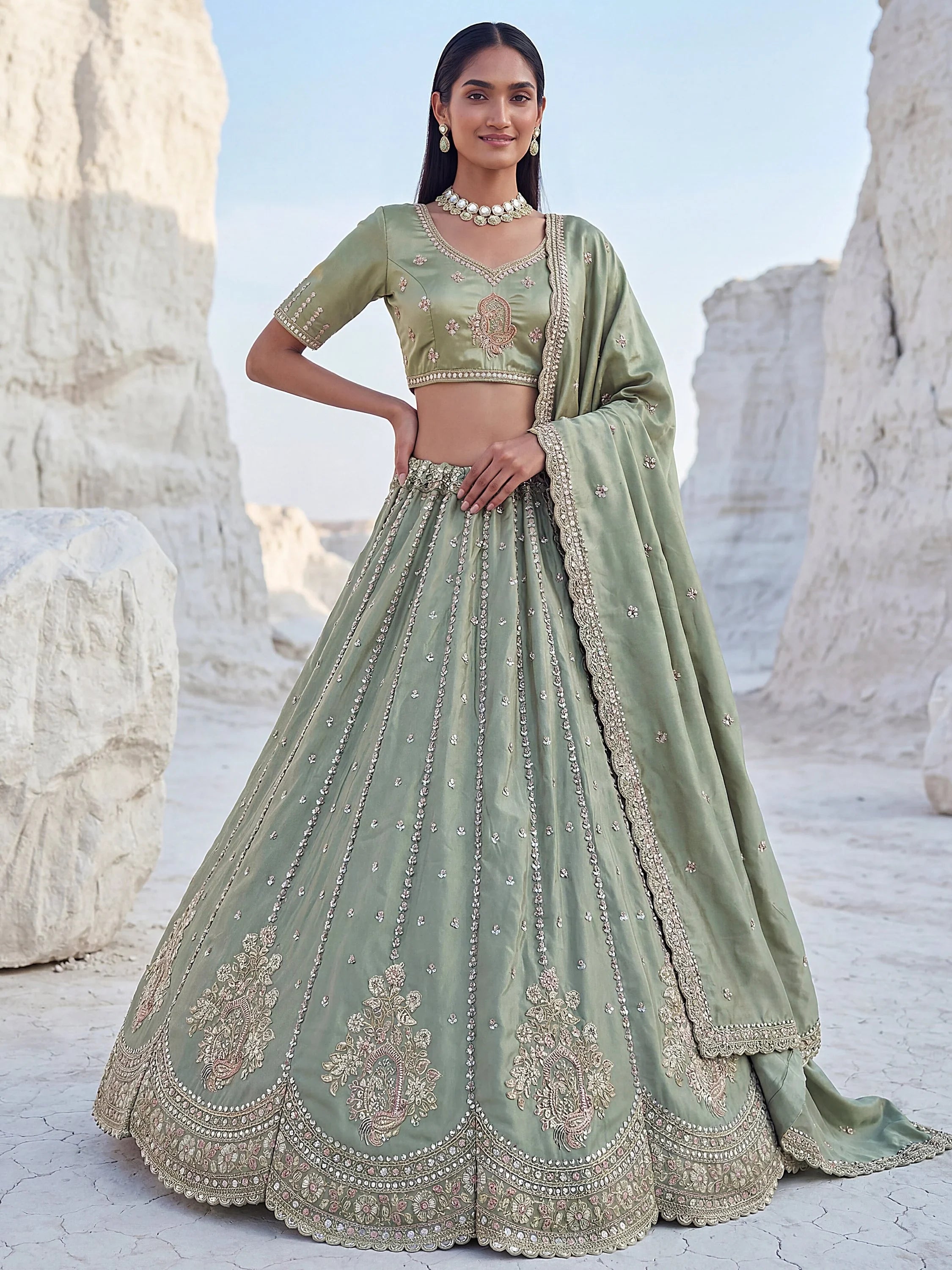 Green Fantastic Sequins Silk Reception Wear Lehenga Choli