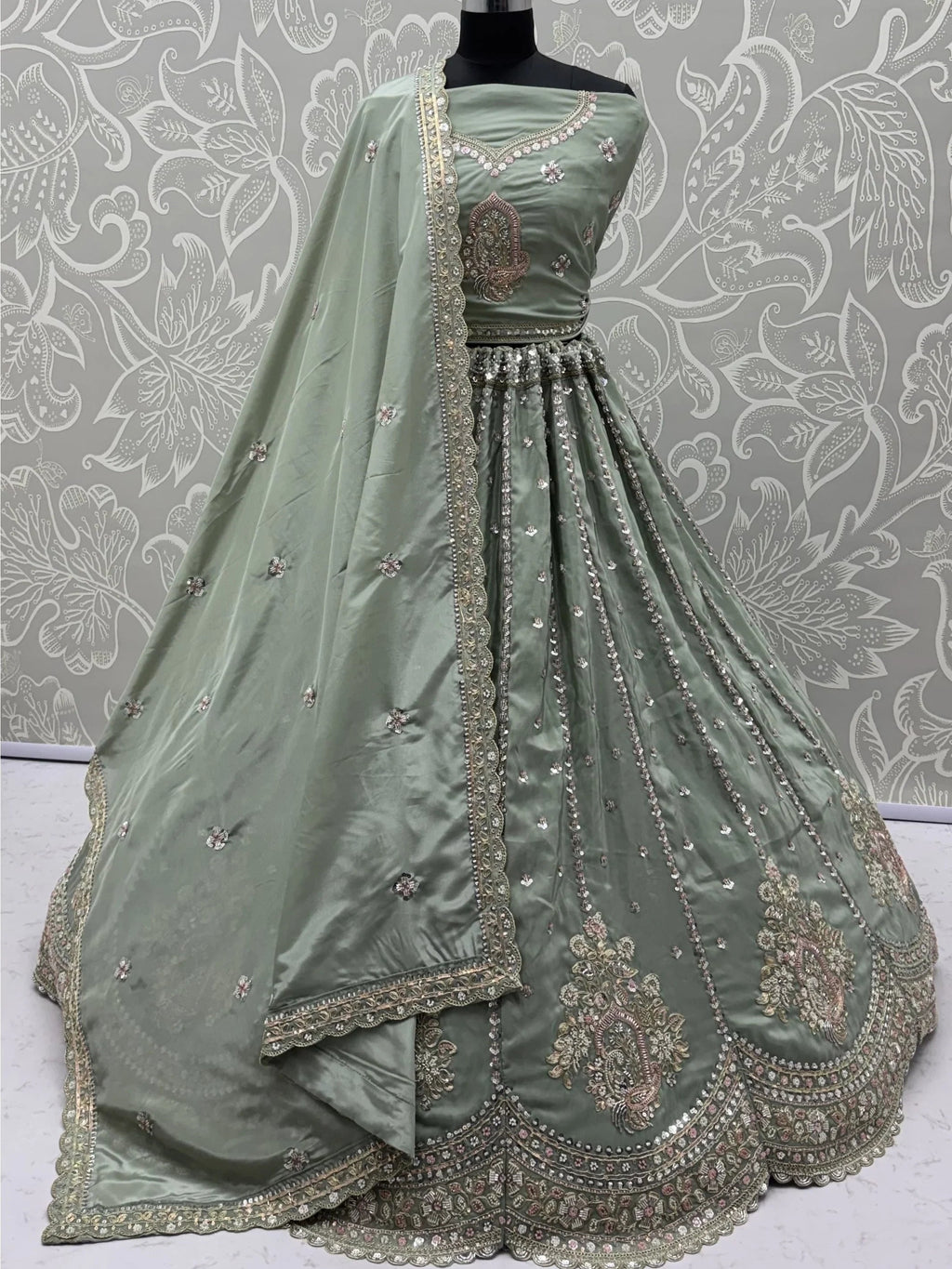 Green Fantastic Sequins Silk Reception Wear Lehenga Choli