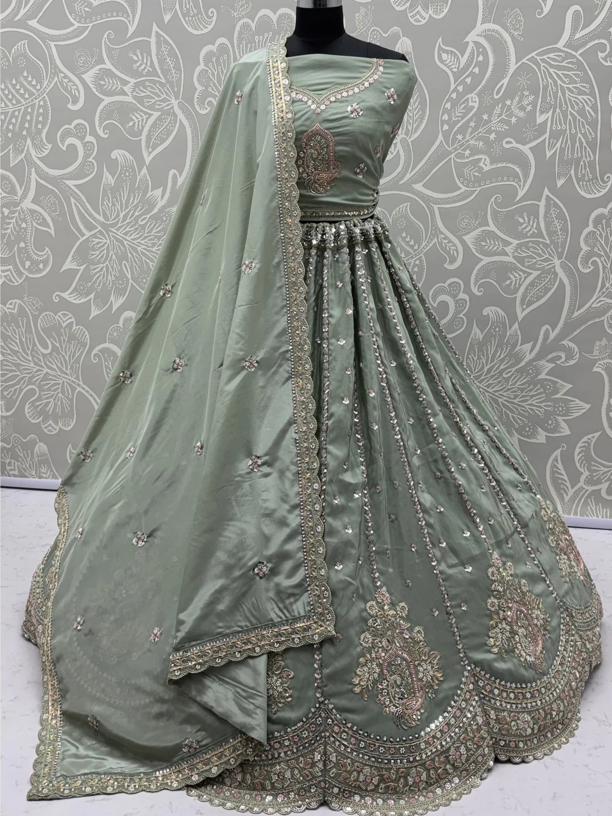 Green Fantastic Sequins Silk Reception Wear Lehenga Choli