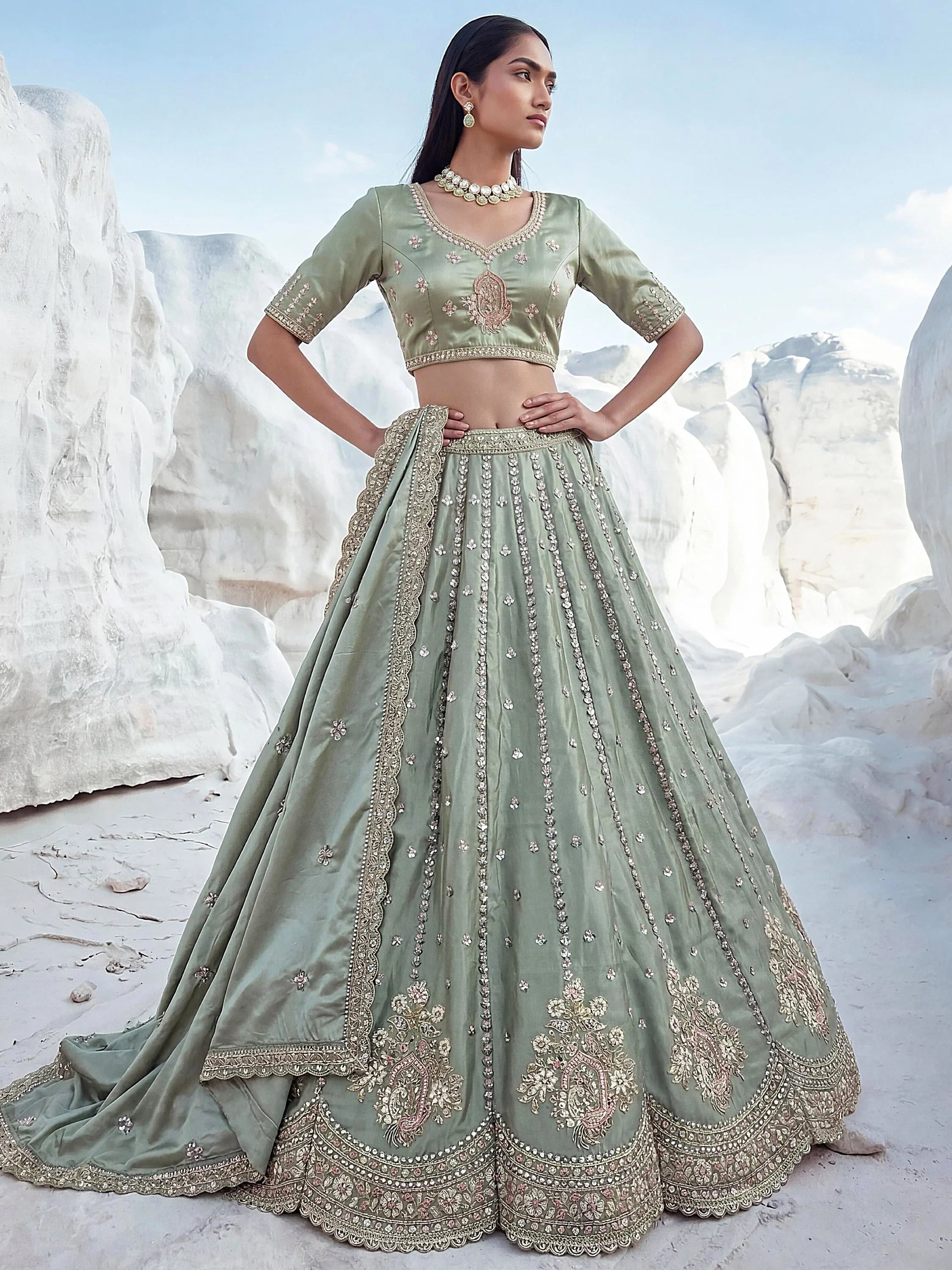 Green Fantastic Sequins Silk Reception Wear Lehenga Choli
