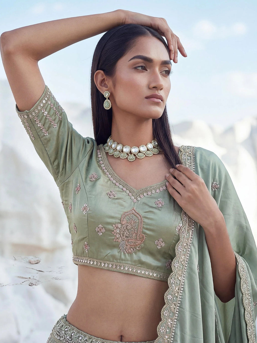 Green Fantastic Sequins Silk Reception Wear Lehenga Choli