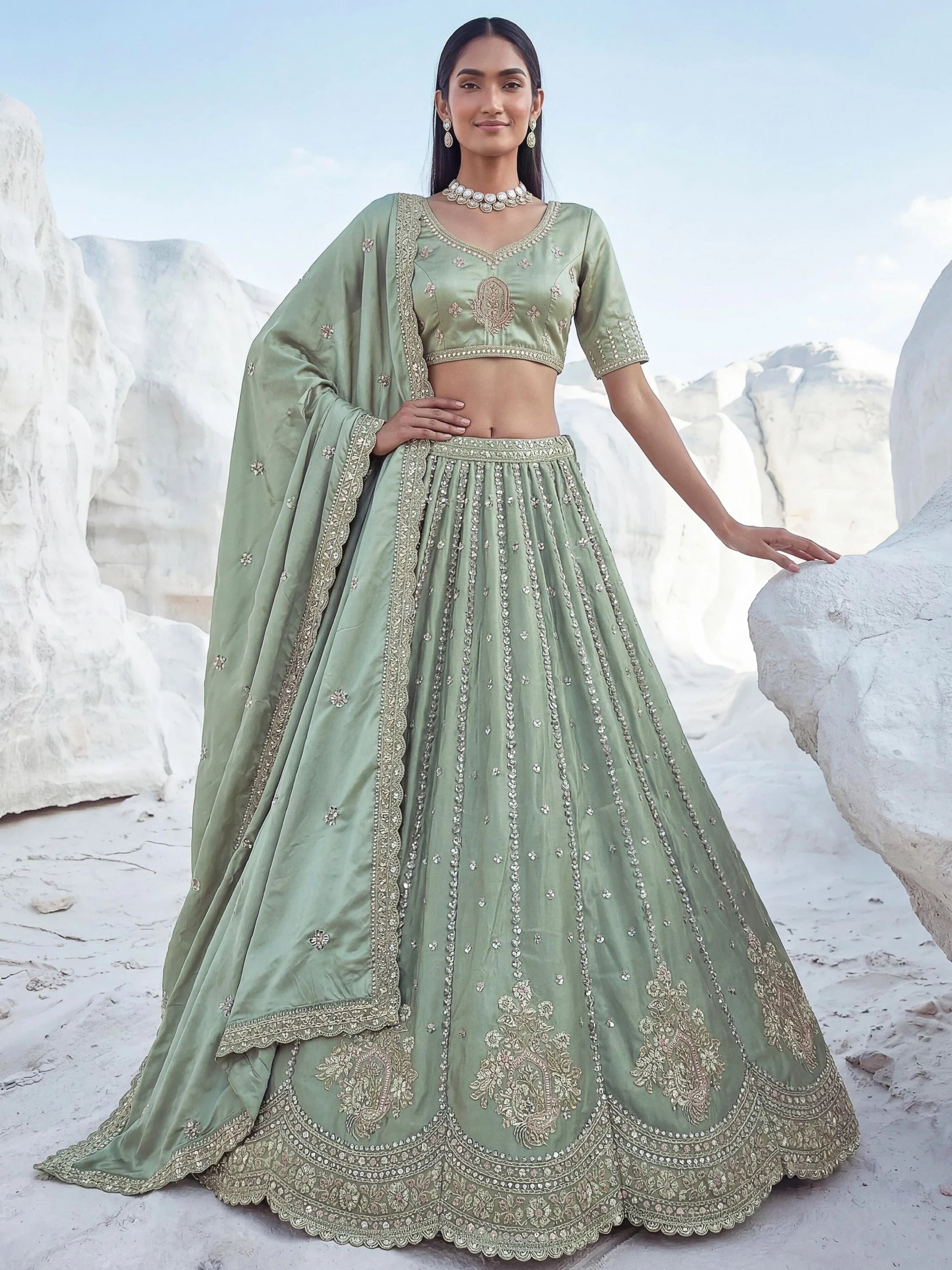 Green Fantastic Sequins Silk Reception Wear Lehenga Choli