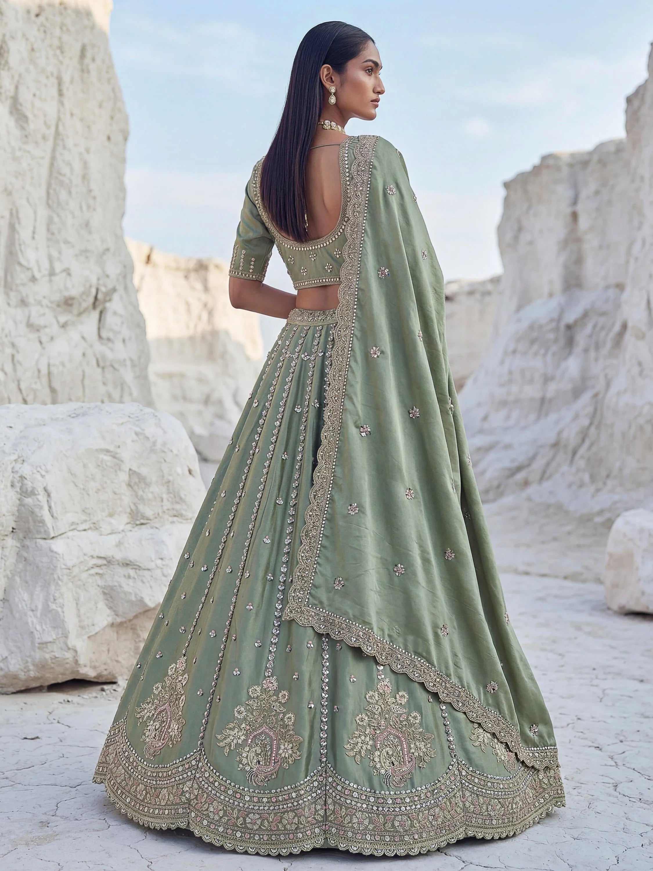 Green Fantastic Sequins Silk Reception Wear Lehenga Choli