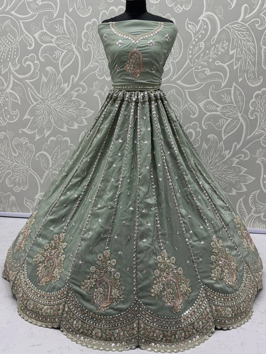 Green Fantastic Sequins Silk Reception Wear Lehenga Choli