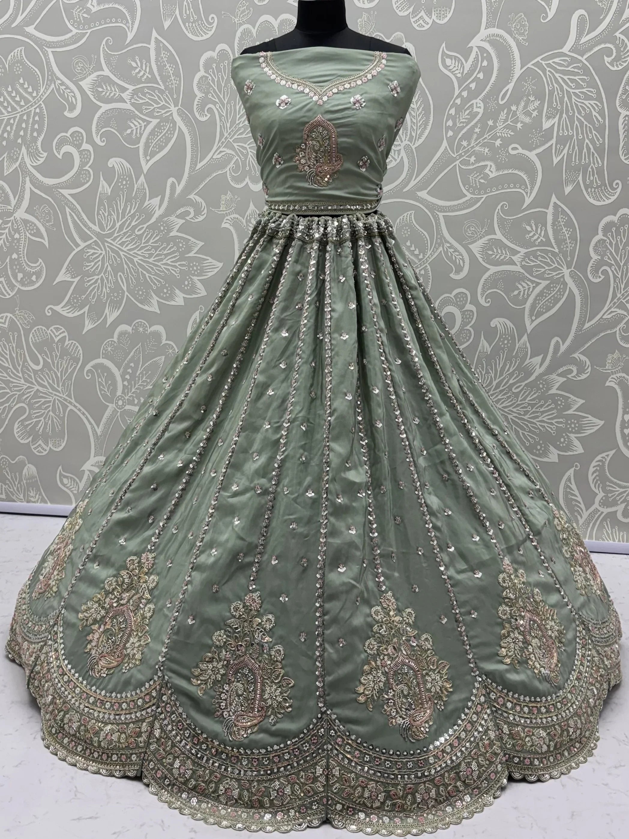 Green Fantastic Sequins Silk Reception Wear Lehenga Choli
