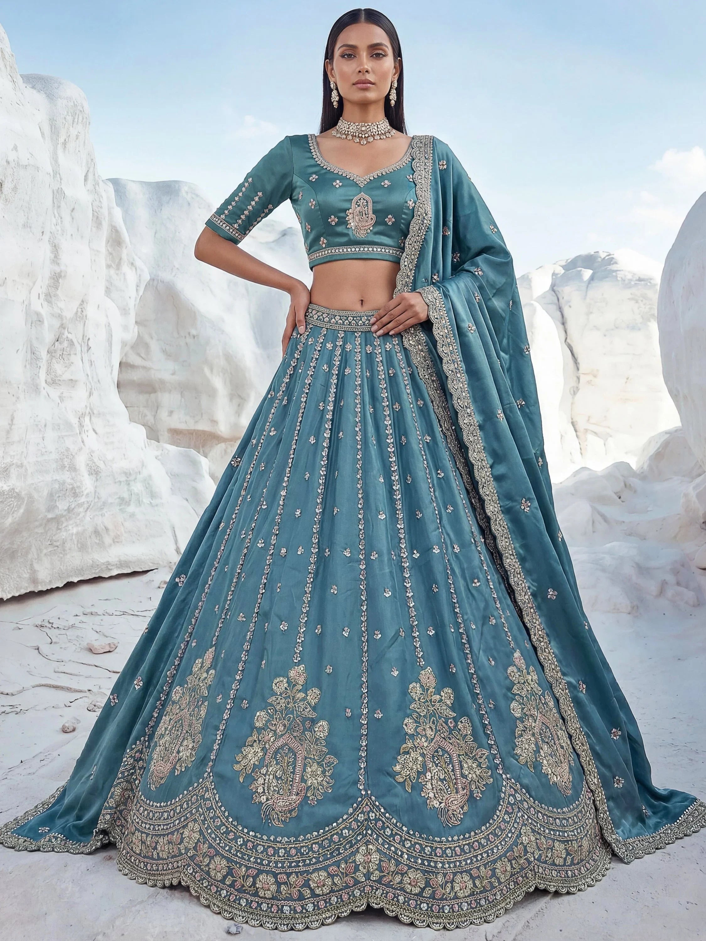 Teal Fantastic Sequins Silk Reception Wear Lehenga Choli