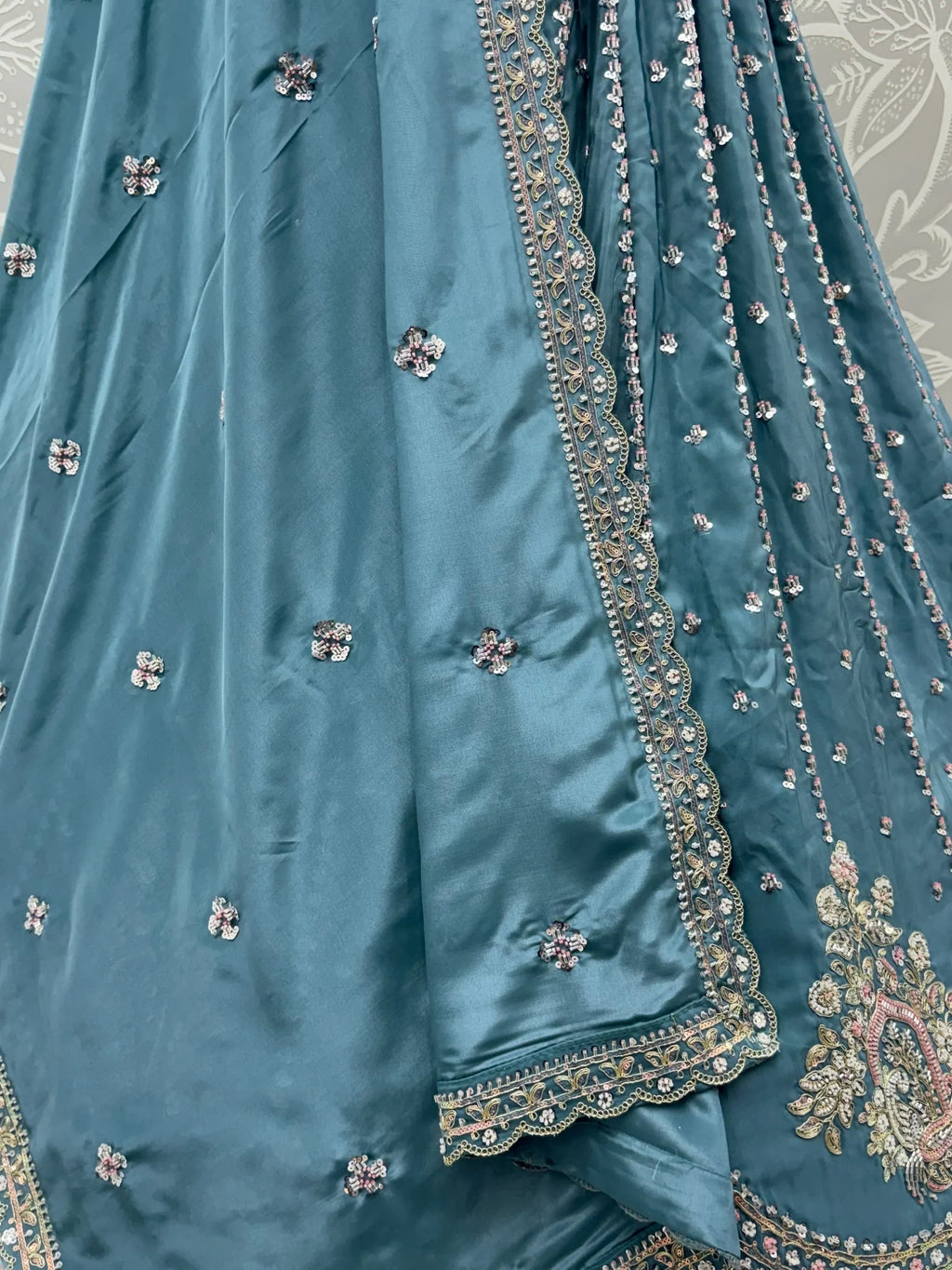 Teal Fantastic Sequins Silk Reception Wear Lehenga Choli