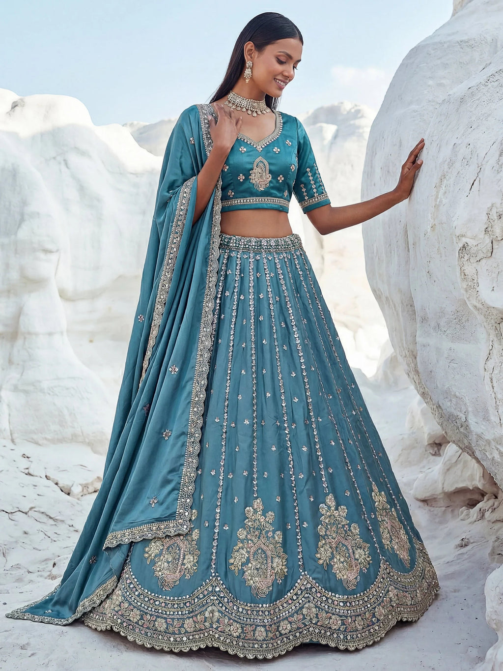 Teal Fantastic Sequins Silk Reception Wear Lehenga Choli