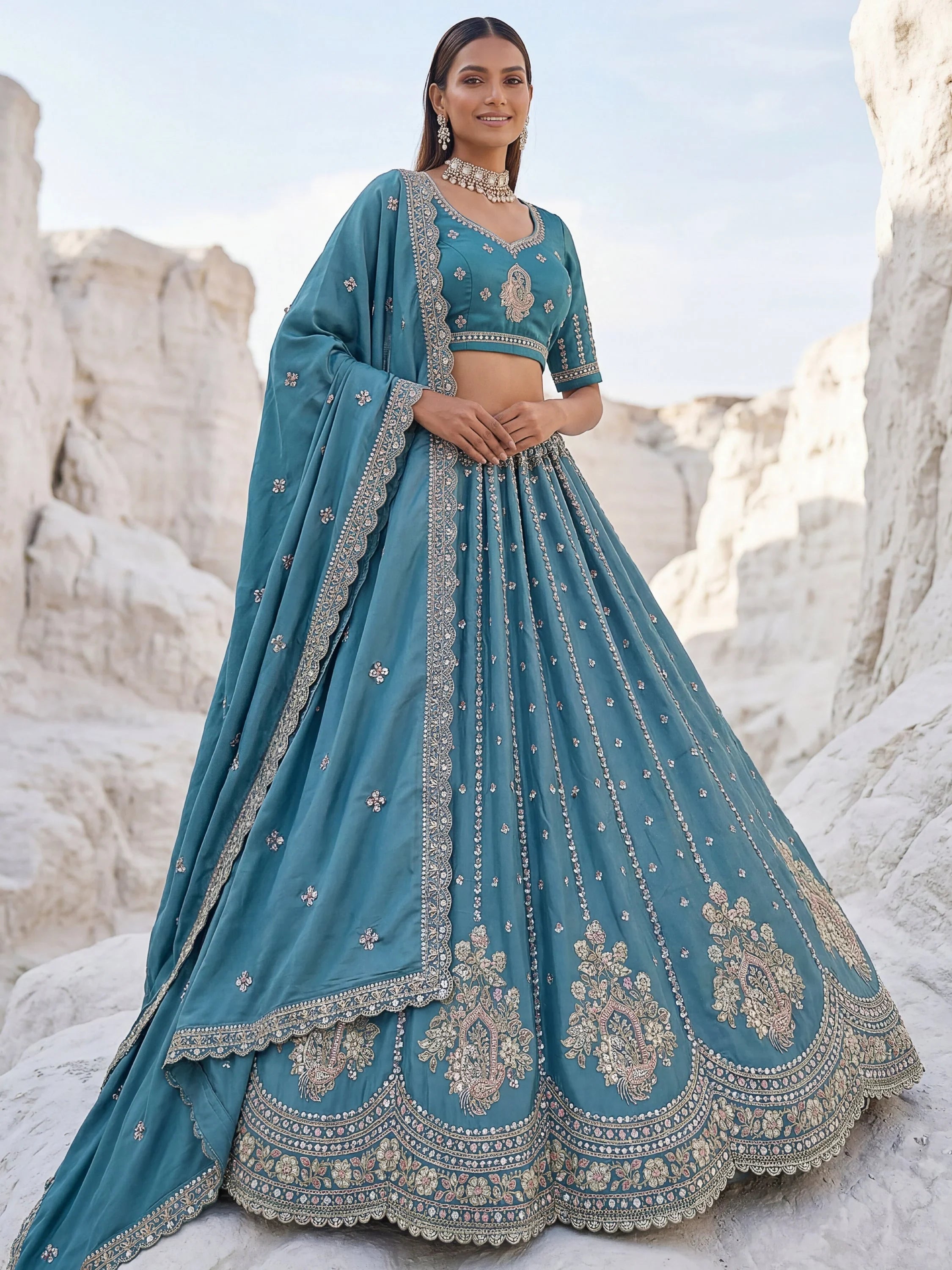 Teal Fantastic Sequins Silk Reception Wear Lehenga Choli