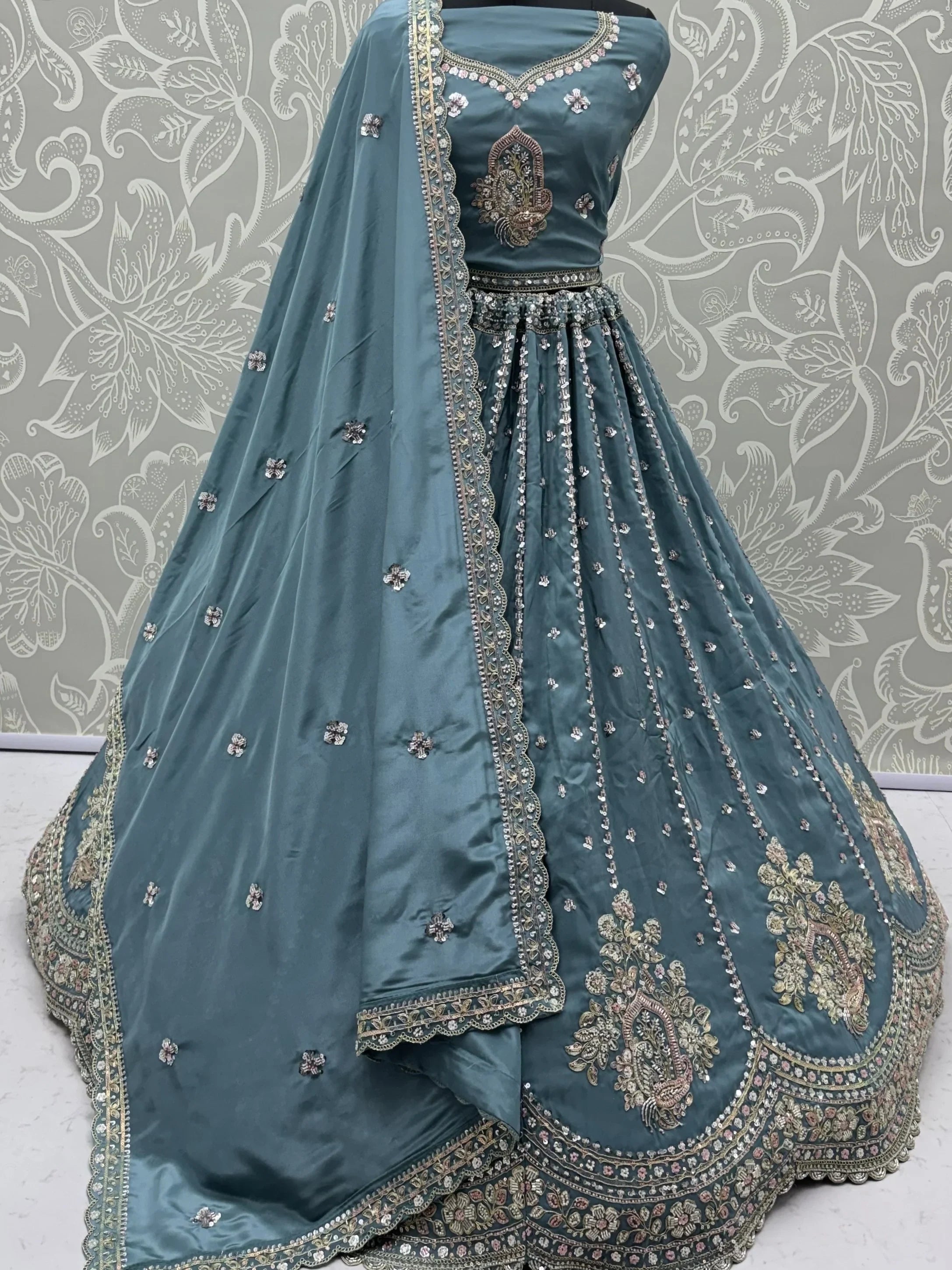 Teal Fantastic Sequins Silk Reception Wear Lehenga Choli