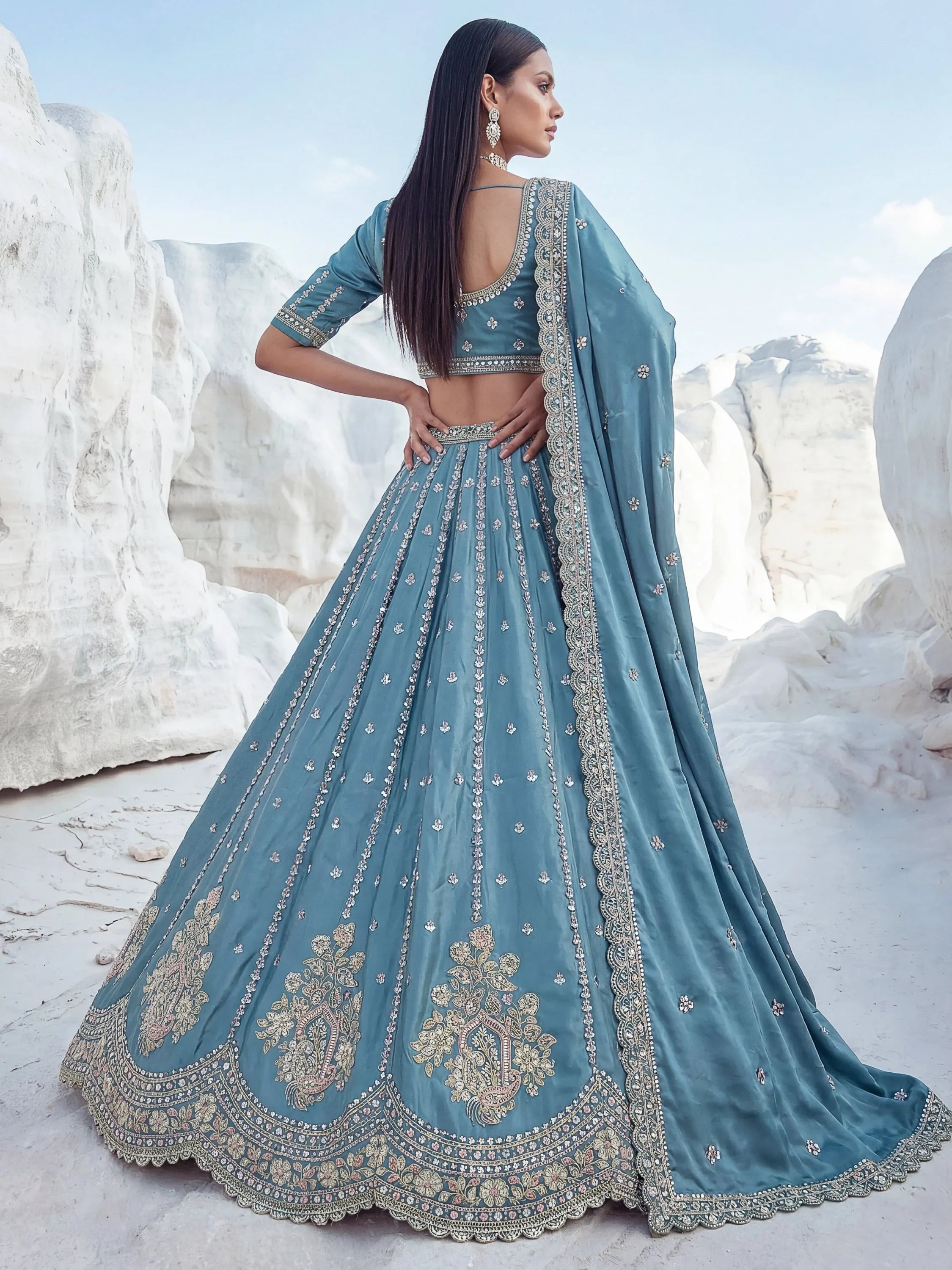 Teal Fantastic Sequins Silk Reception Wear Lehenga Choli