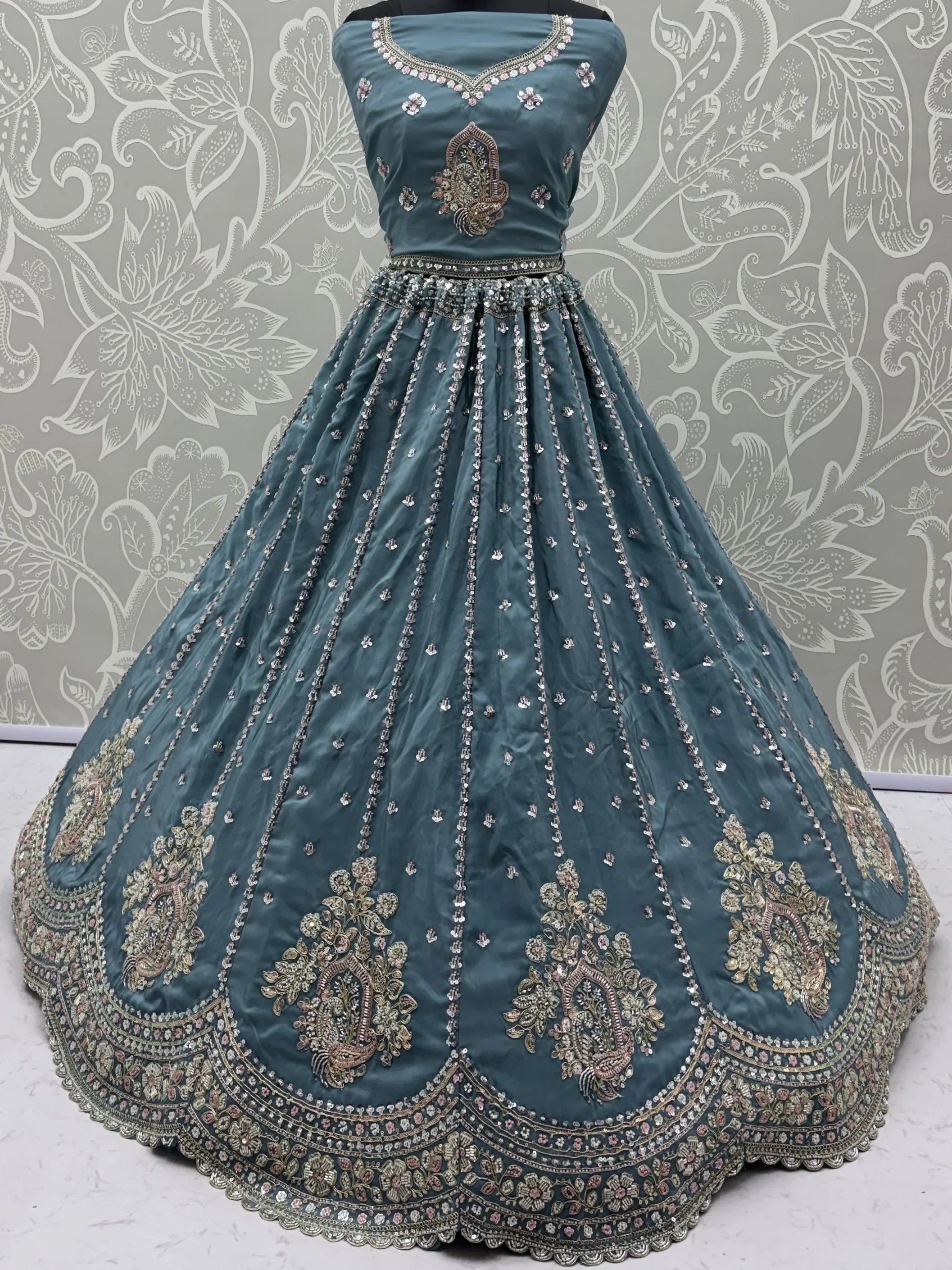 Teal Fantastic Sequins Silk Reception Wear Lehenga Choli