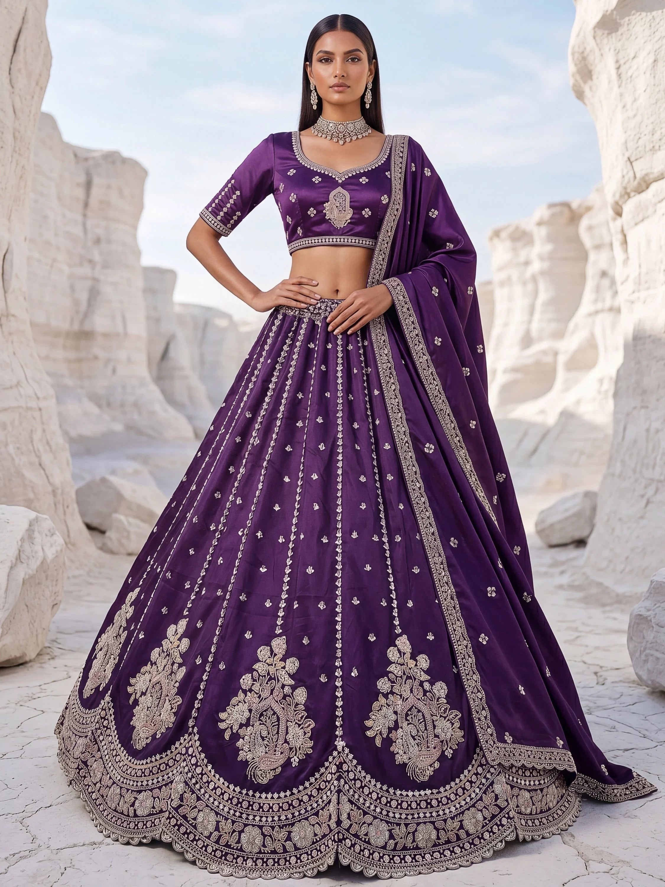 Purple Fantastic Sequins Silk Reception Wear Lehenga Choli
