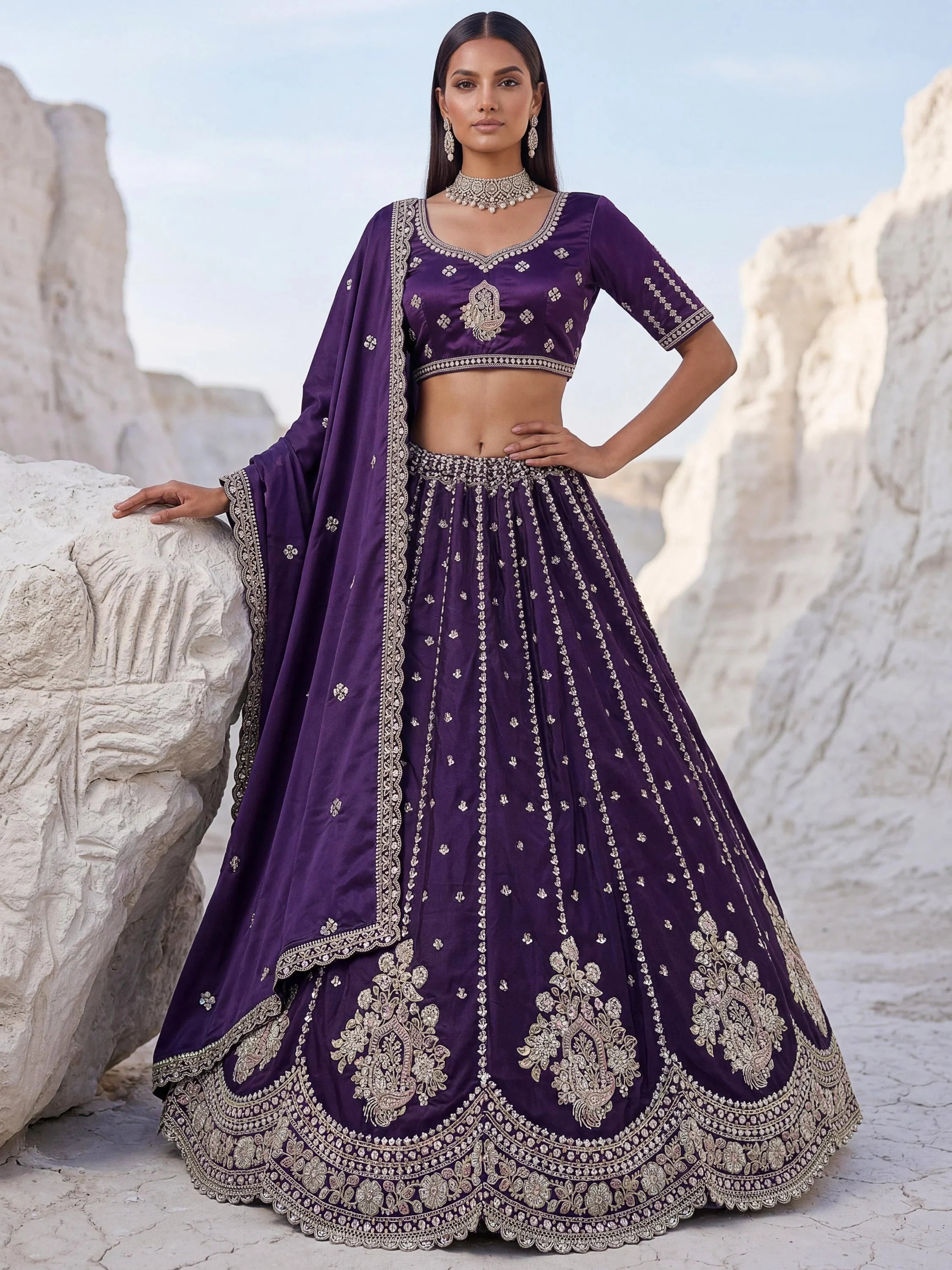 Purple Fantastic Sequins Silk Reception Wear Lehenga Choli