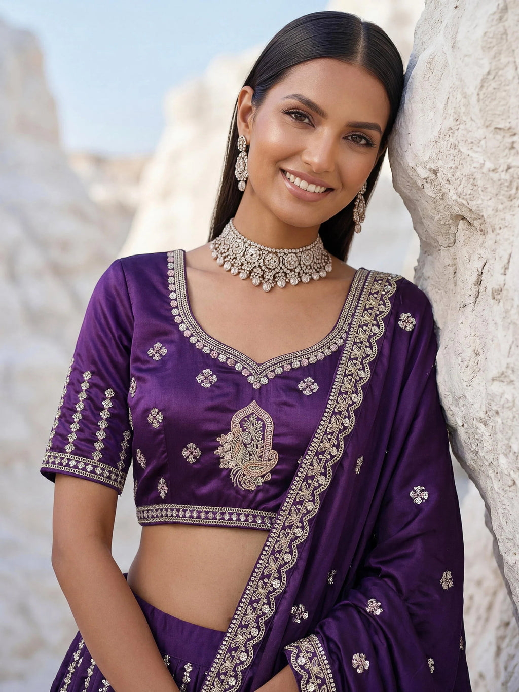 Purple Fantastic Sequins Silk Reception Wear Lehenga Choli