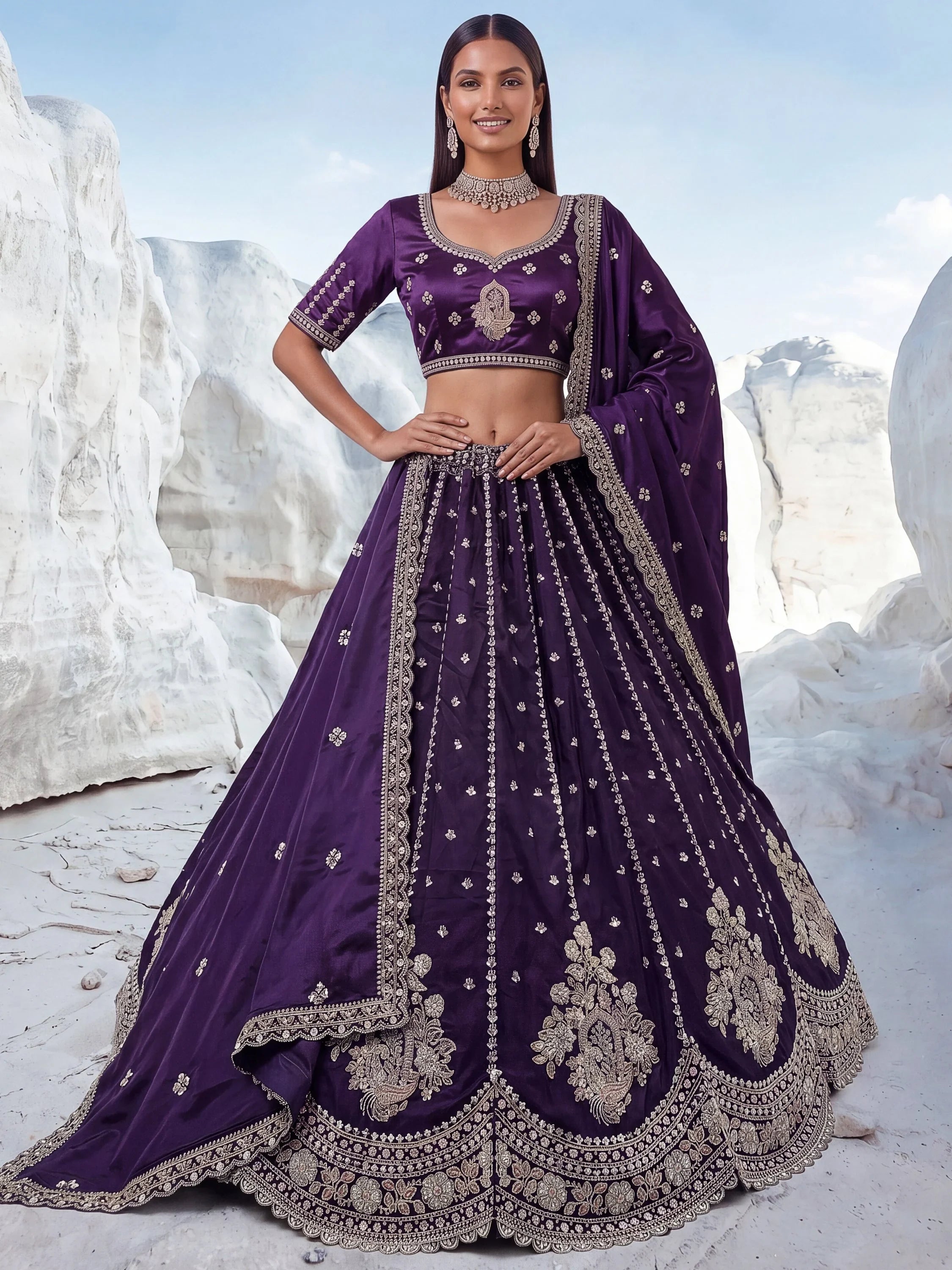 Purple Fantastic Sequins Silk Reception Wear Lehenga Choli