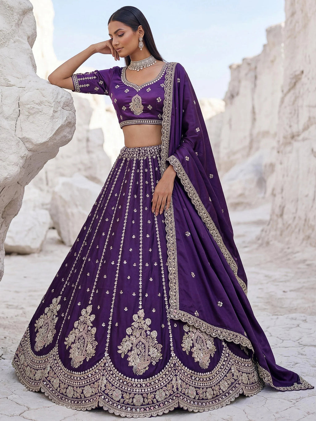 Purple Fantastic Sequins Silk Reception Wear Lehenga Choli