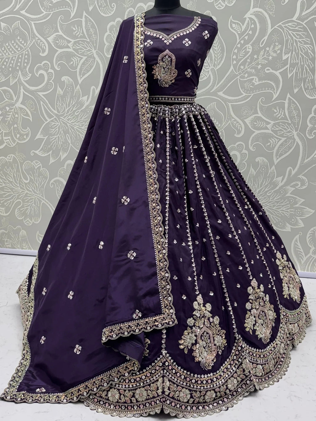 Purple Fantastic Sequins Silk Reception Wear Lehenga Choli