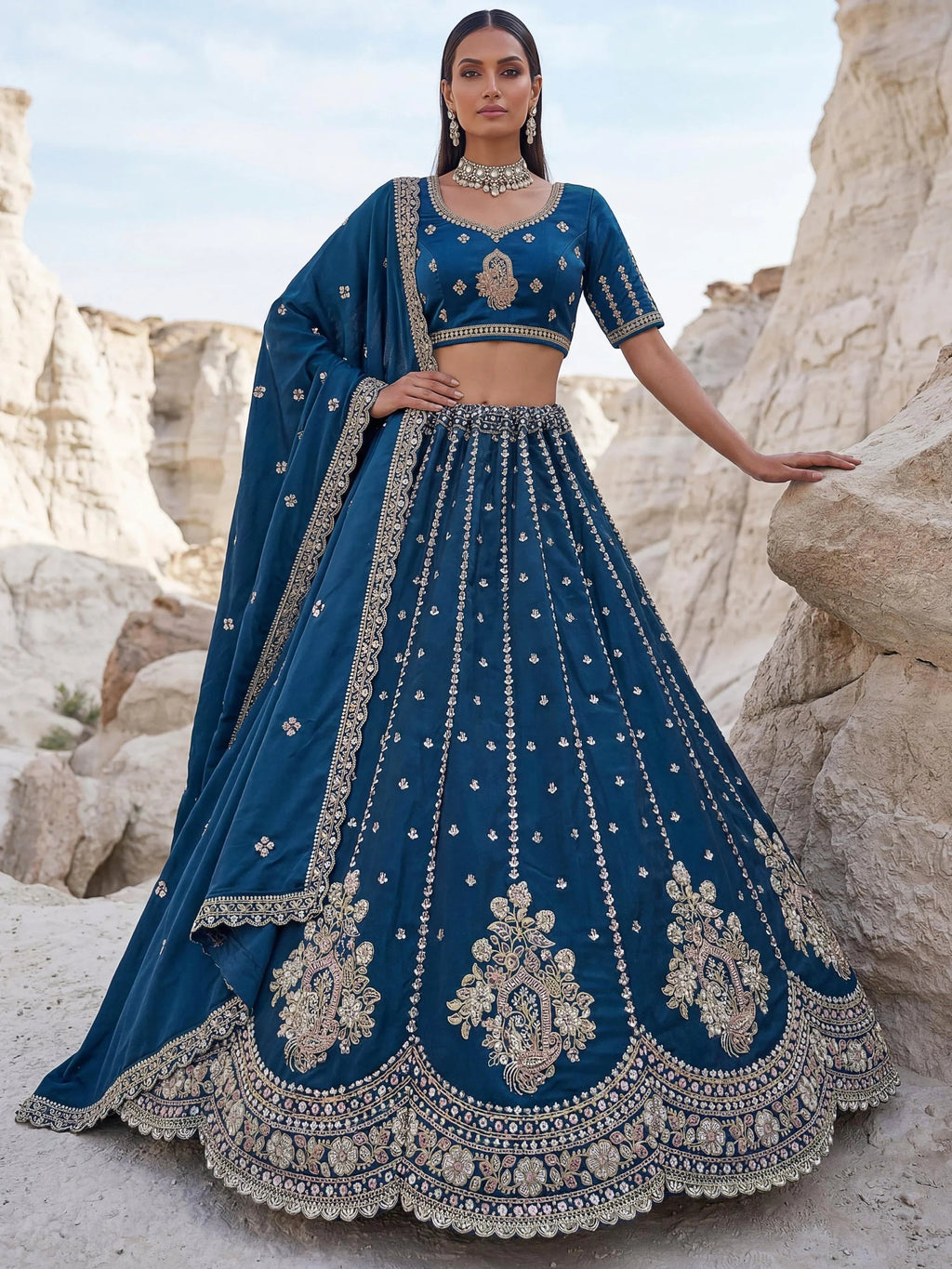 Dazzling Teal Blue Sequins Silk Wedding Wear Lehenga Choli